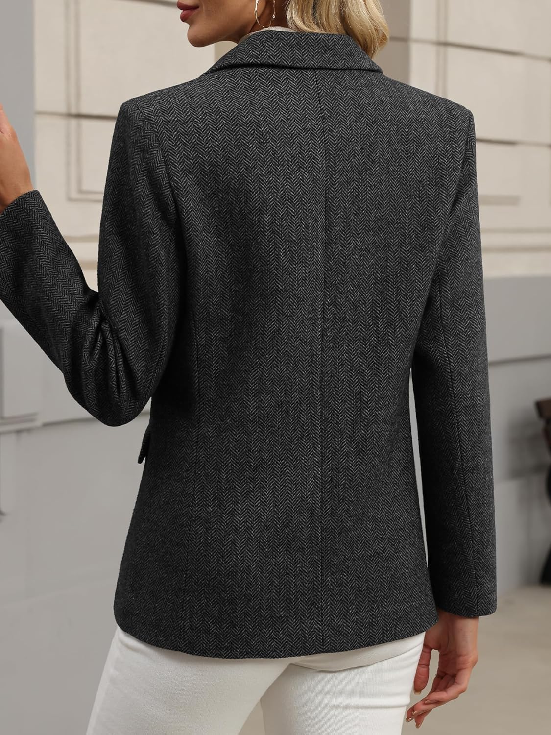 ELLEVEN Womens Wool Blend Tweed Warm Blazers Herringbone Business Casual Fall Winter Oversize Suit Jacket - Image 3