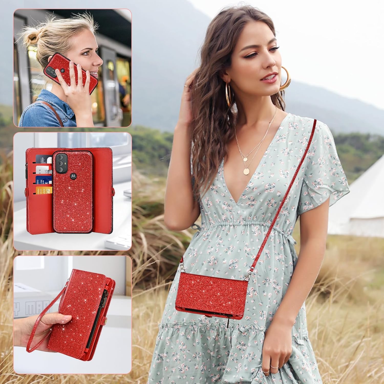 Asuwish Phone Case for Motorola Moto G Power 2022/MotoG Play 2023/G Pure 2021 Zipper Wallet Cell Cover with Screen Protector Wrist Strap Flip Card Holder XT2165DL XT2163DL XT2165-5 XT2271-5 Women Red