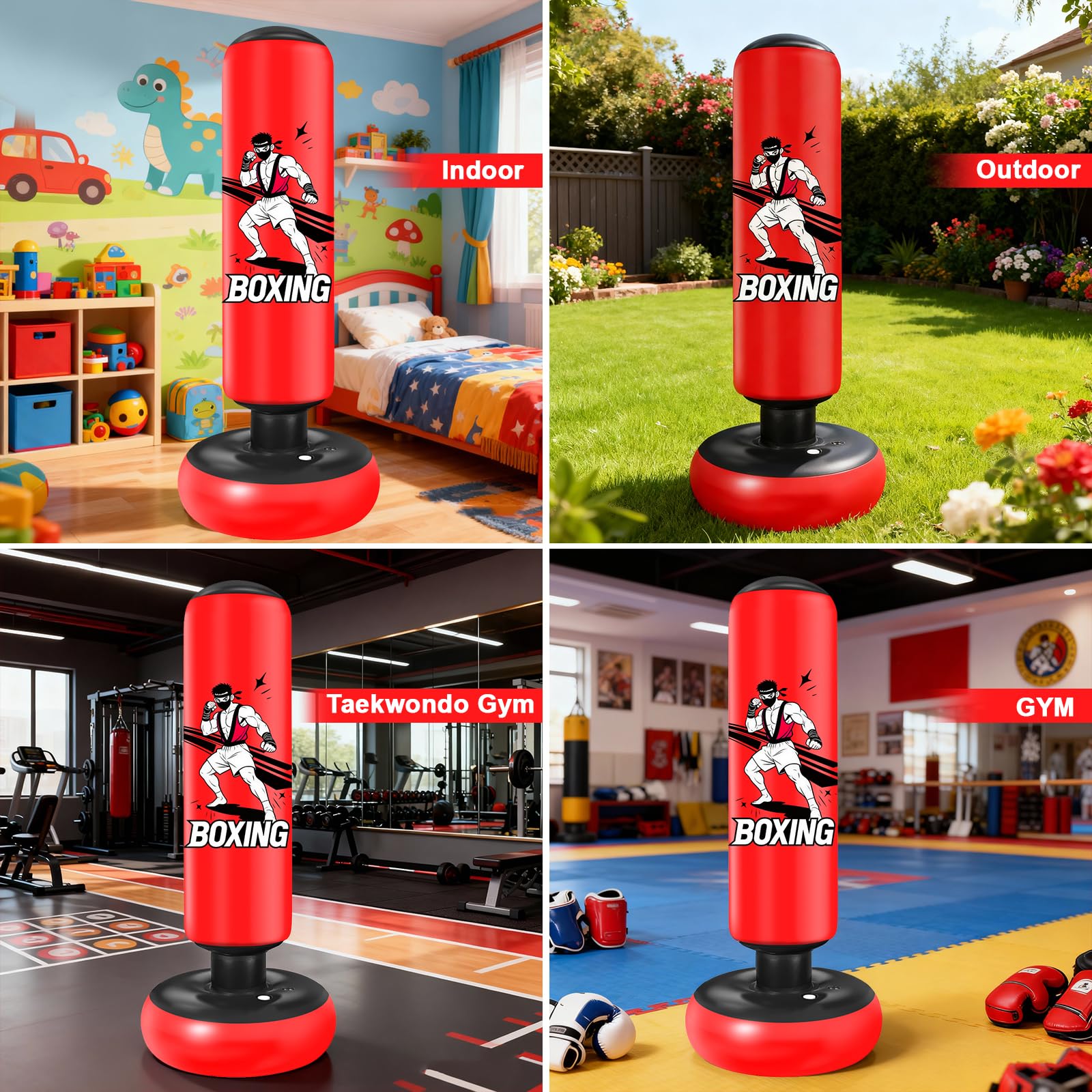 Saco de Boxeo de Pie, 168 cm Saco Boxeo Niños, Inflable Bolsa De Boxe con Guantes y Bomba para Practicar MMA Karate Taekwondo Punching Ball para 5-18 Niños Adolescentes