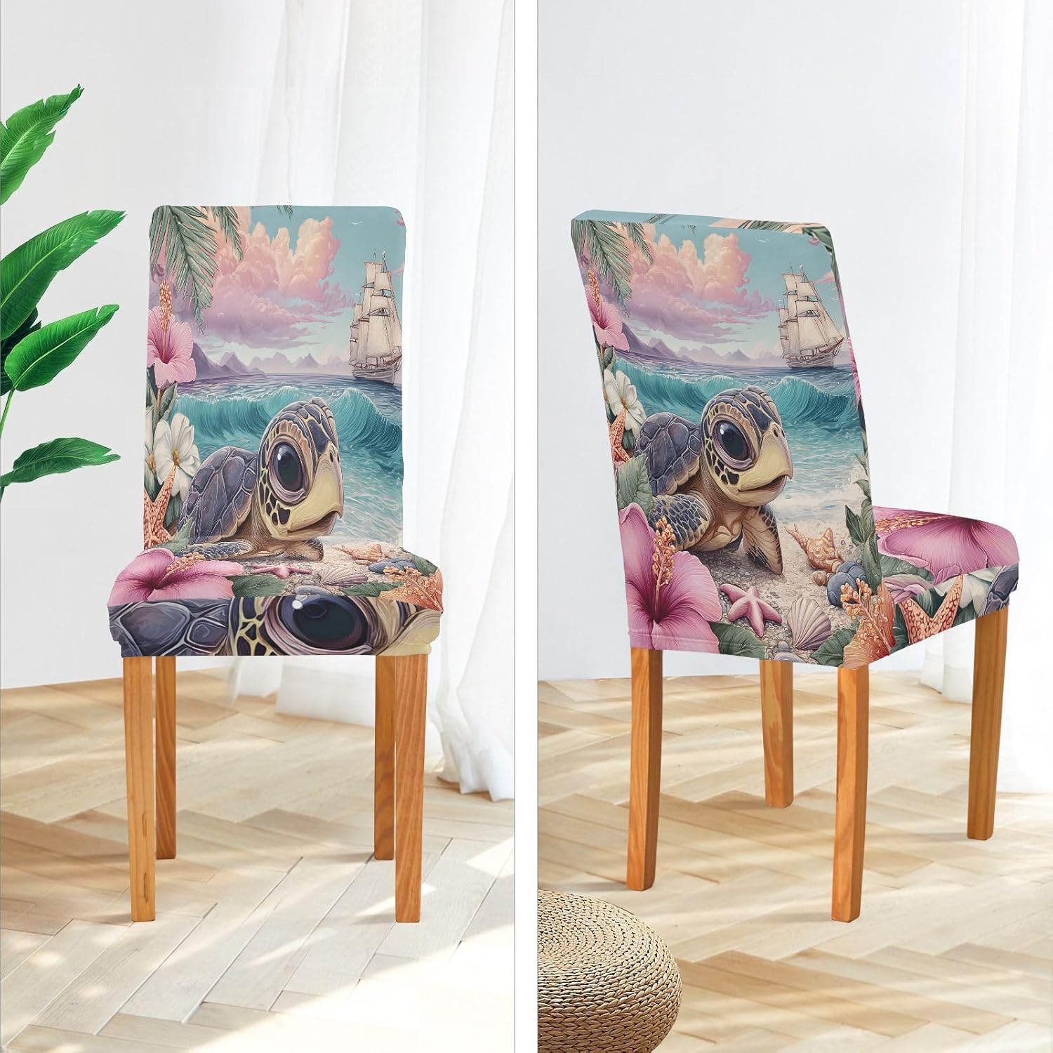 ALAZA Chair Covers for Dining Room, Turtle on Tropical Beach Stretch Chair Cover Sets Chair Protector Removable Washable for Ktichen Restaurant Hotel