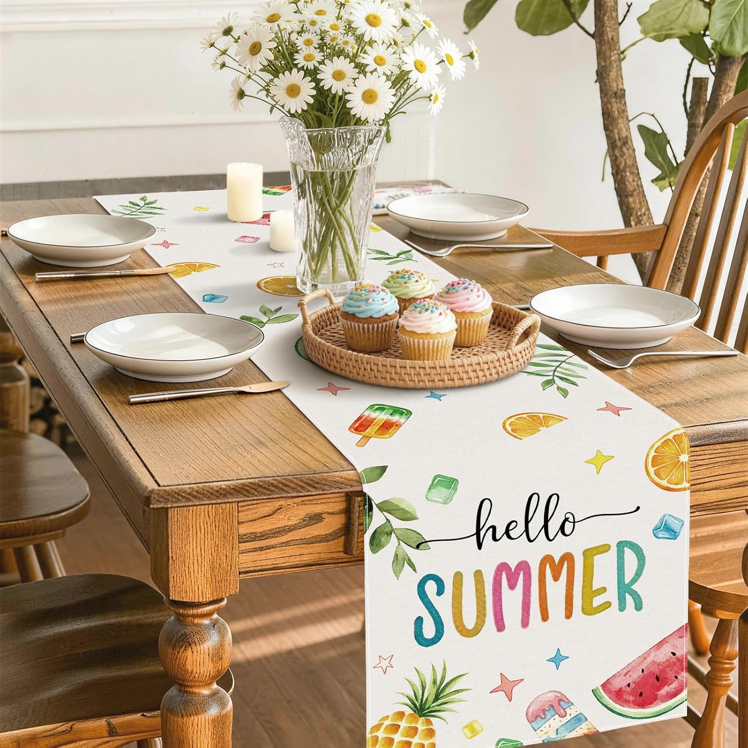 Hello Summer Table Runner, 72 x 13 Inch | Watercolor Fruit Print, Watermelon Pineapple Design
