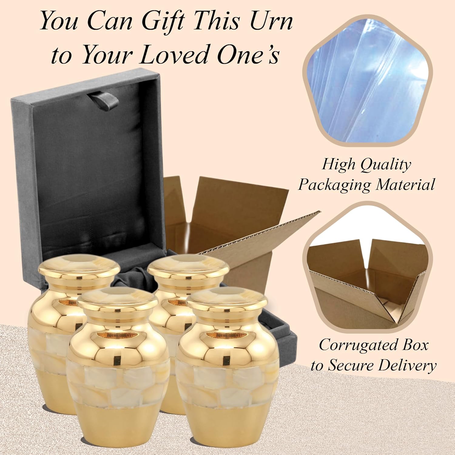 Forever URNS - Mini Urn for Ashes Adult Male & Female, Set of 4 | Memorial Gifts l high-Grade Brass Metal |Classic MOP Theme | Velvet Protection Box | Handcrafted Memorial Box for Funeral, 3 cu in