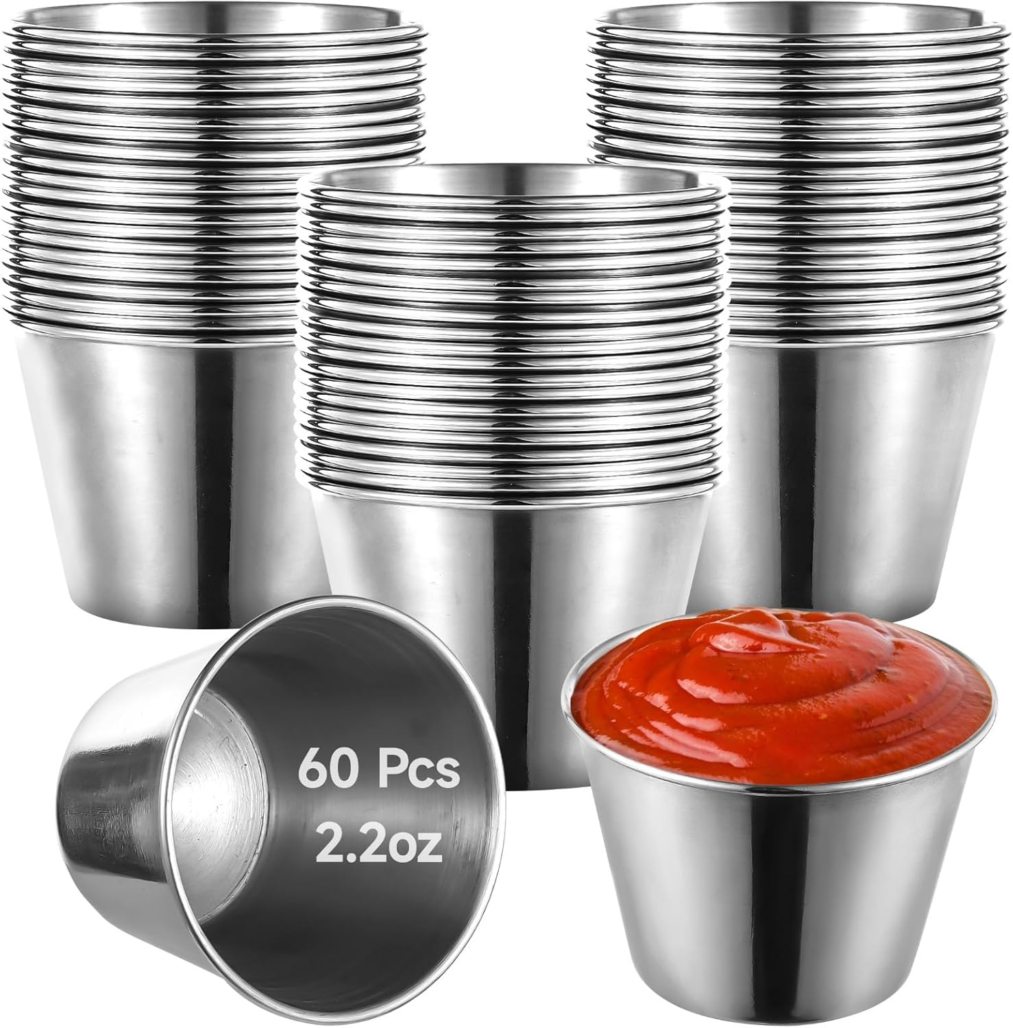 2.2Oz Stainless Steel Dipping Sauce Cups, Reusable Round Dipping Bowls, 60 Pcs Bulk, Small Metal Condiment Cups, Stackable Sauce Containers for Restaurant Kitchen