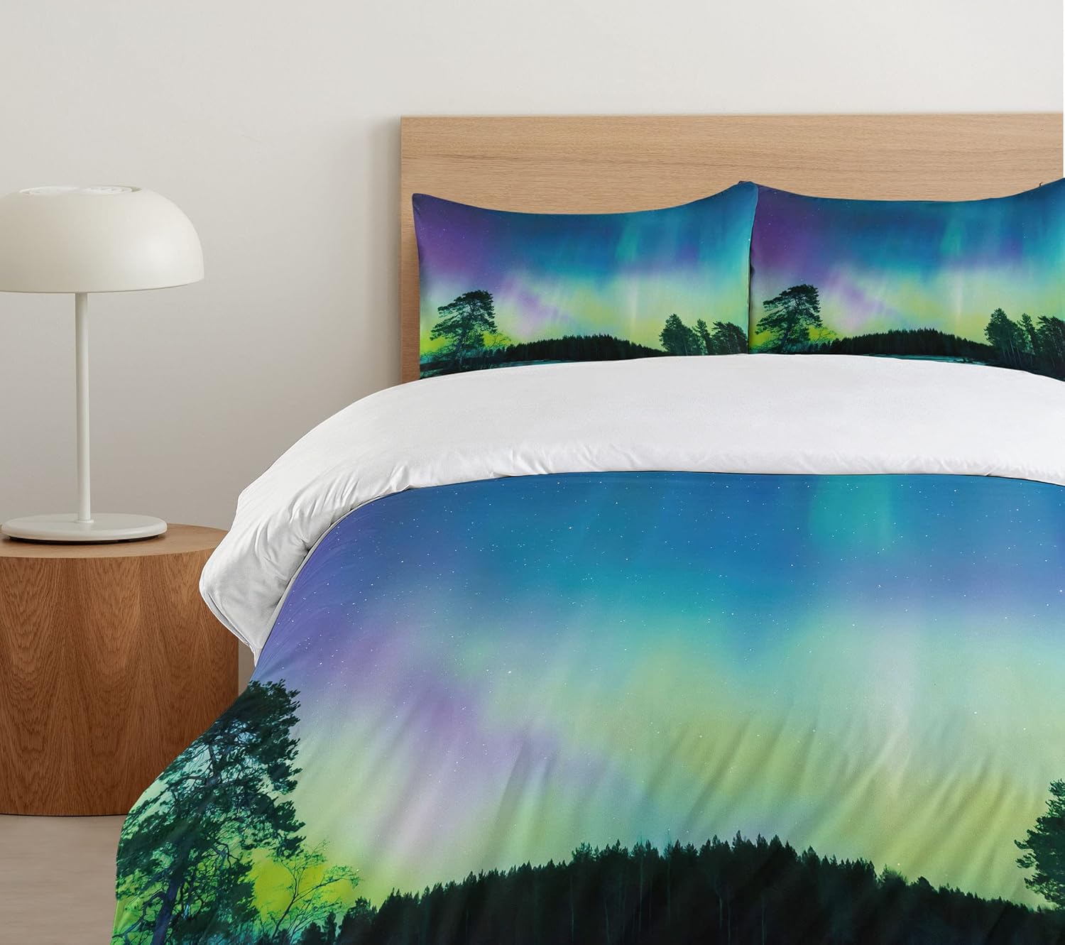 Ambesonne Aurora Borealis Duvet Cover Set, Sky Over Lake Surrounded Forest Woods Hemisphere Print, Decorative 3 Piece Bedding Set with 2 Pillow Shams, Queen Size, Violet Green