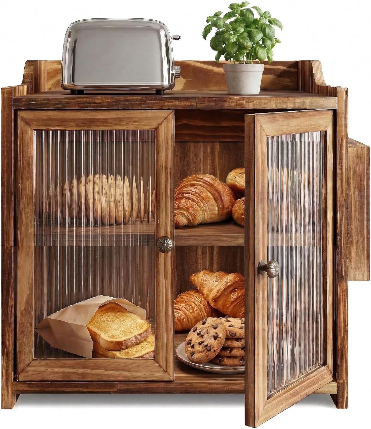 Farmhouse Wooden Bread Box with Double Fluted Glass Doors, 2-Tier Counter Corner Storage Cabinet, Rustic Kitchen Countertop Organizer for Bread Coffee Spices