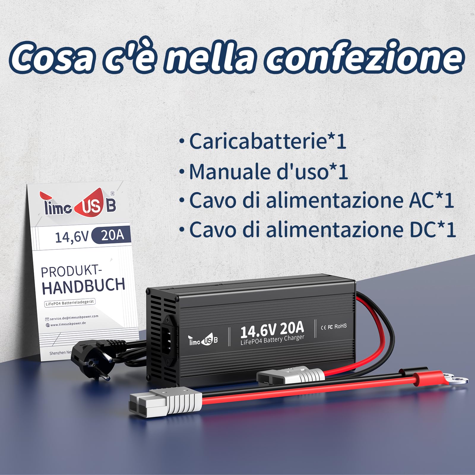 Timeusb Caricabatterie LiFePO4 14,6V 20A Ricarica Rapida, Caricabatterie al Litio Dedicato con Funzioni di Carica di Mantenimento,Caricabatteria Intelligente da 12V con Protezione Completa