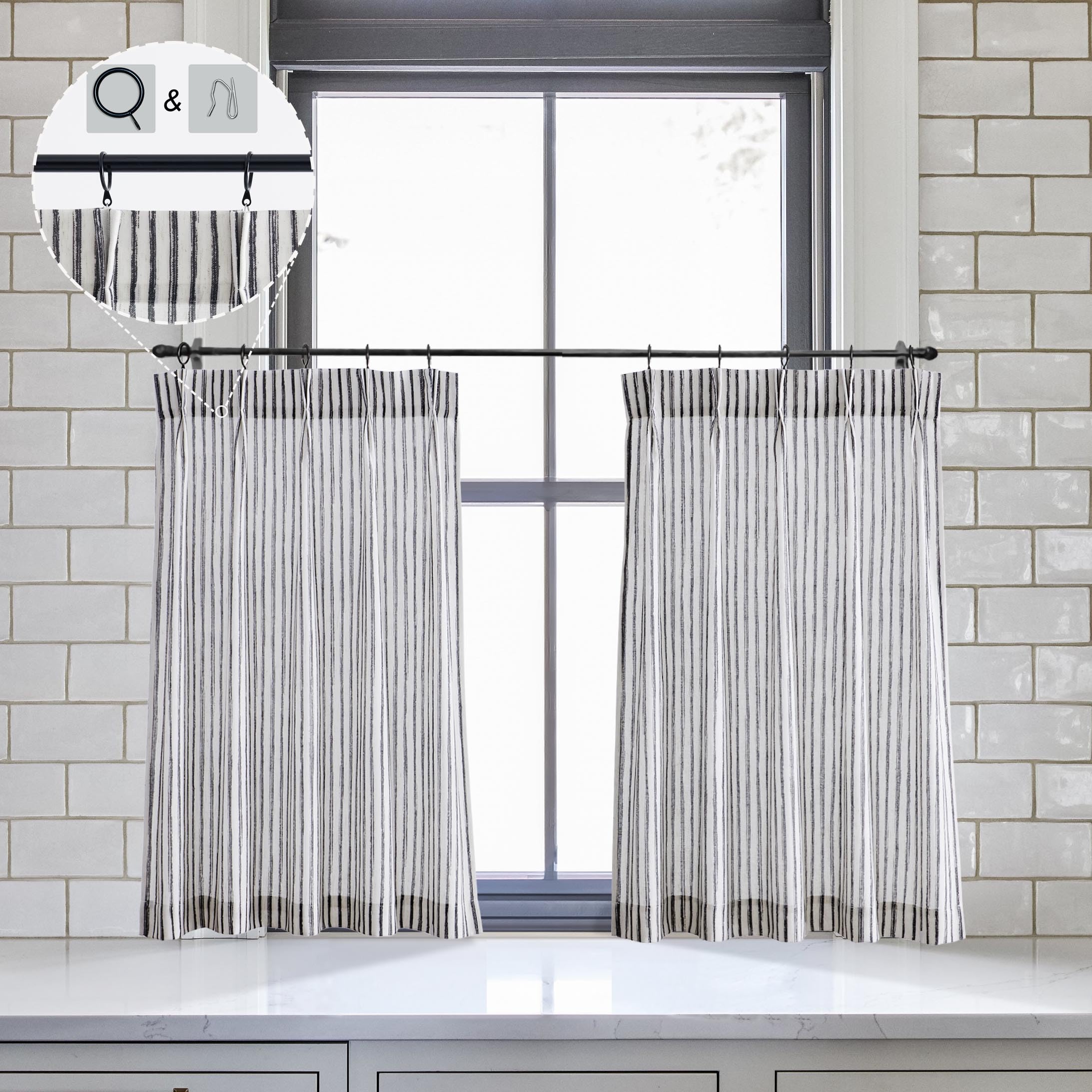 Limon Home Striped Black Black And Cream Striped Curtains Short,24 Inch Length Pinch Pleated Boho Cafe Curtain With Hooks Rings For Small Bathroom Window,Black On Beige 24 In Long
