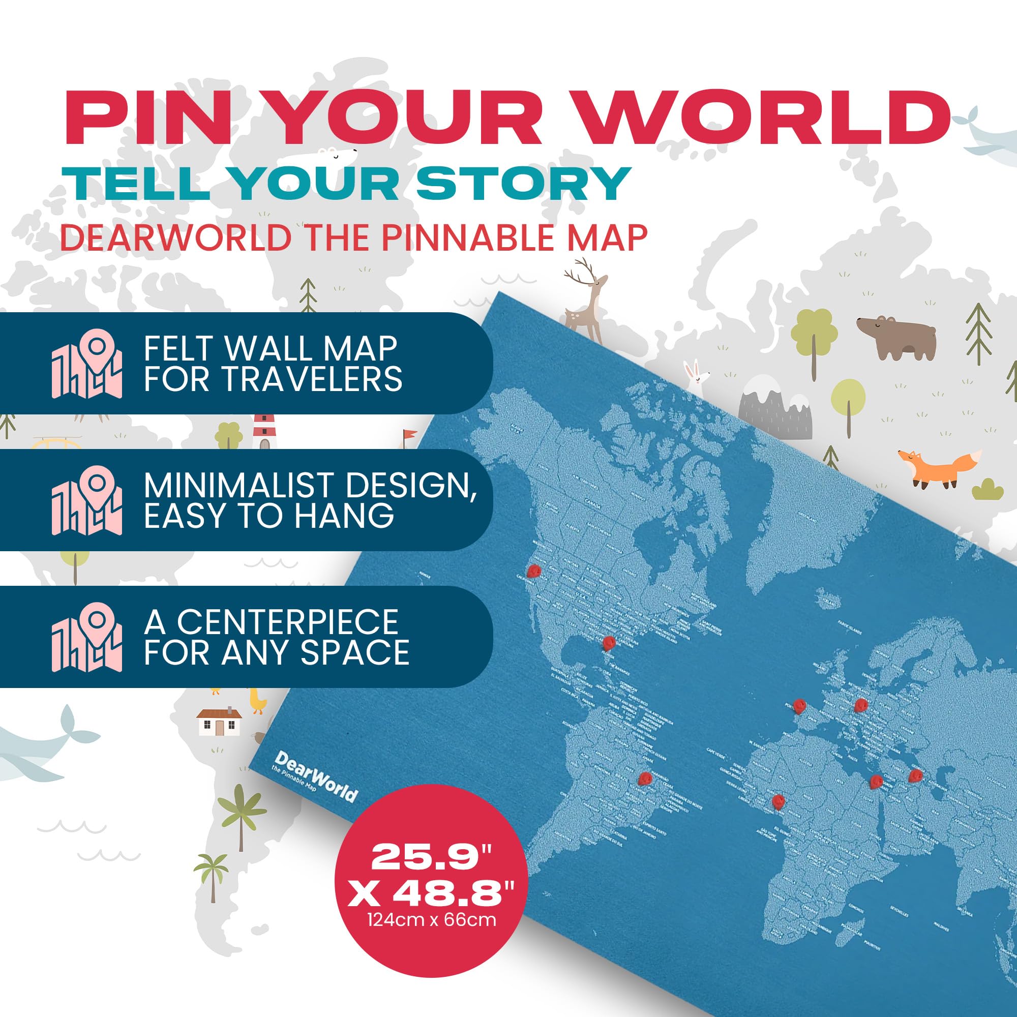 Dear World - Mappa del mondo su feltro con spilli, mappa del mondo con nomi di paesi e città, diario, per ufficio o casa (per paese, verde acqua, grande)