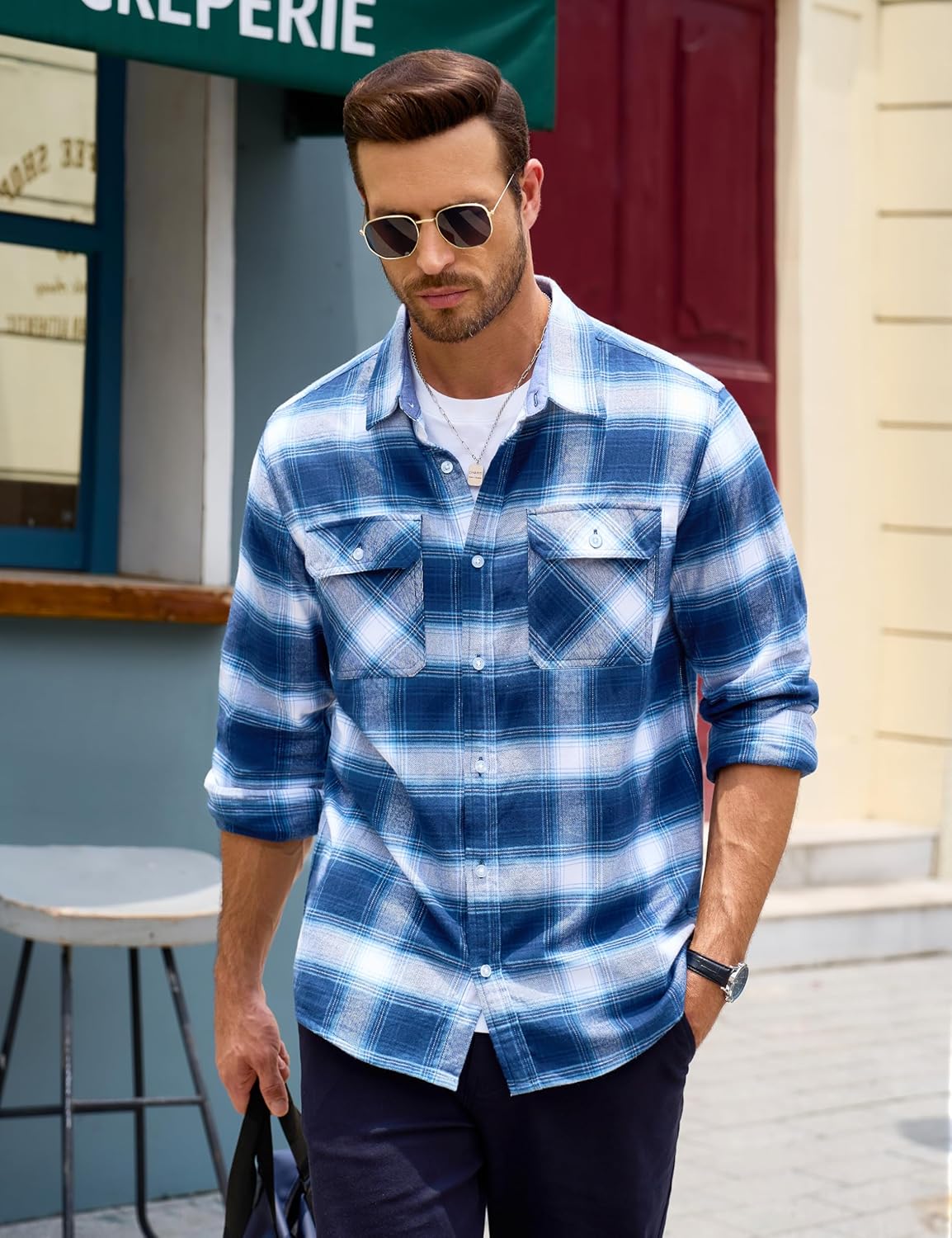 MAGCOMSEN Men's Flannel Shirts Cotton Long Sleeve Plaid Shirt Casual Fashion Button Up Shirts Jackets with 2 Pockets - Image 4
