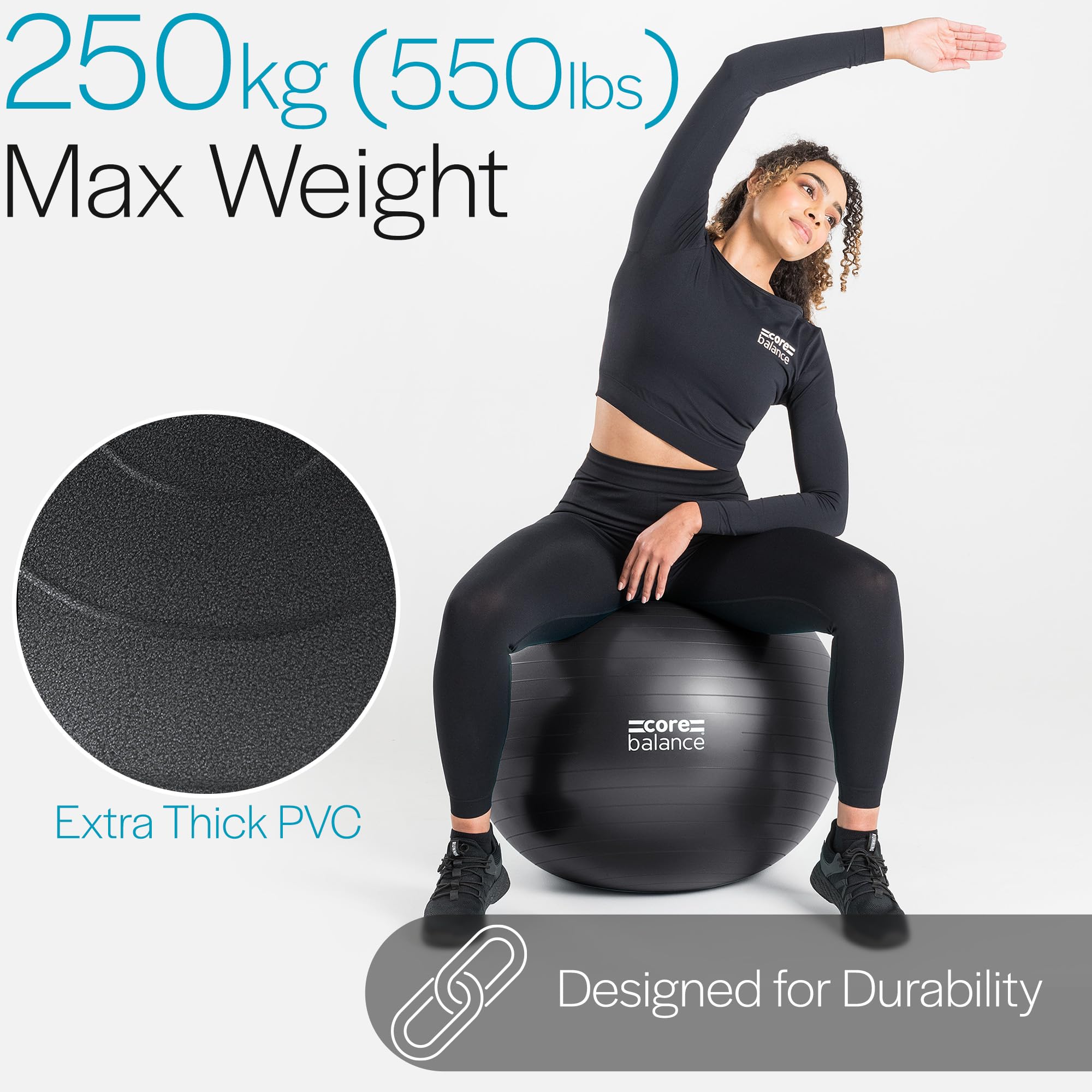 Core Balance Anti Burst Gym Ball, 45-85cm With Hand Pump (55cm, Black) - Image 4
