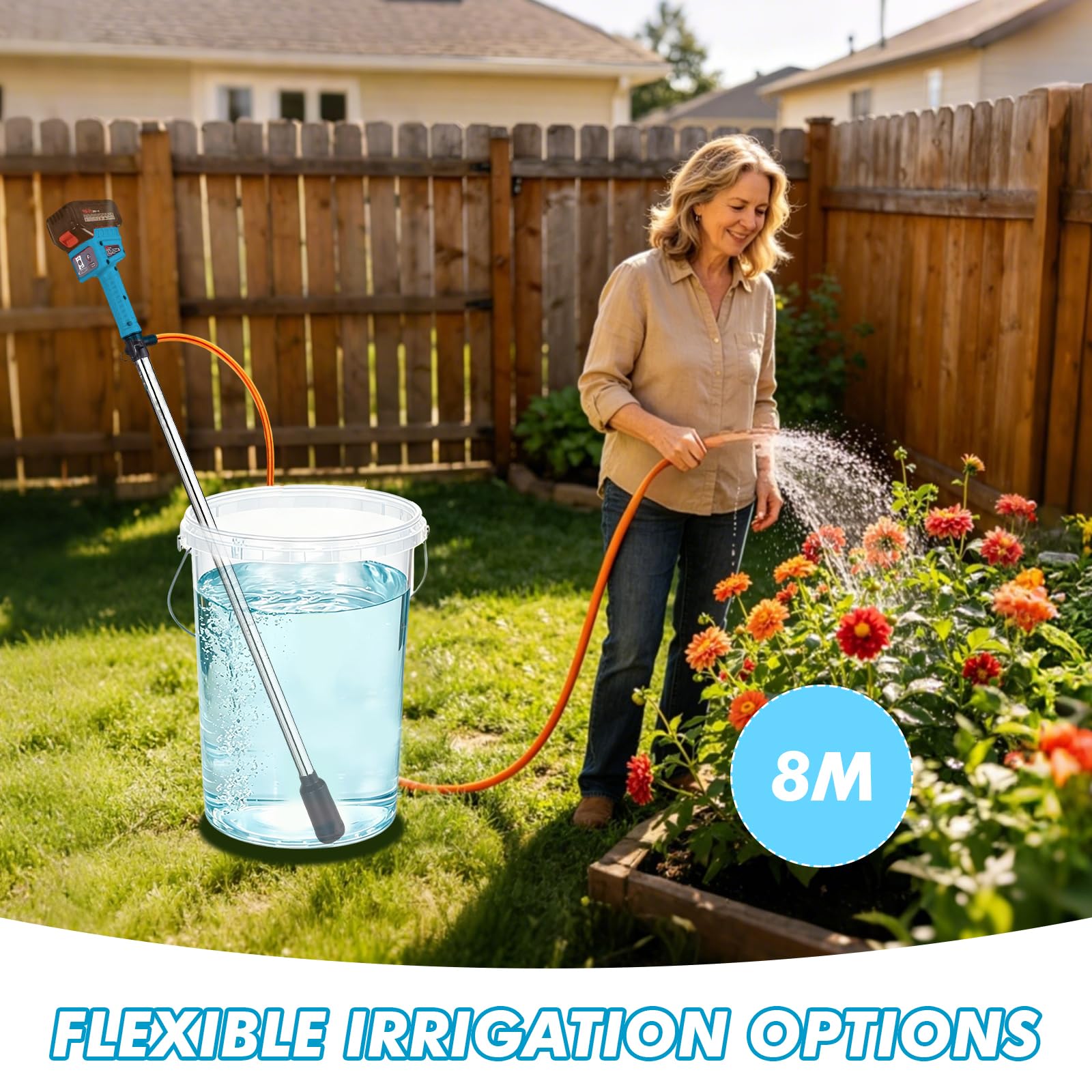 Akku Regenfasspumpe, Kabellose Regenfasspumpe Elektrisch mit 2×1500mAh Akku & 8 m Wasserrohr, max.Fördermenge 3000 L/h, 3-stufiger Durchfluss, Akku Stab-Wasserpumpe für Garten, Pool, Teich, Boot