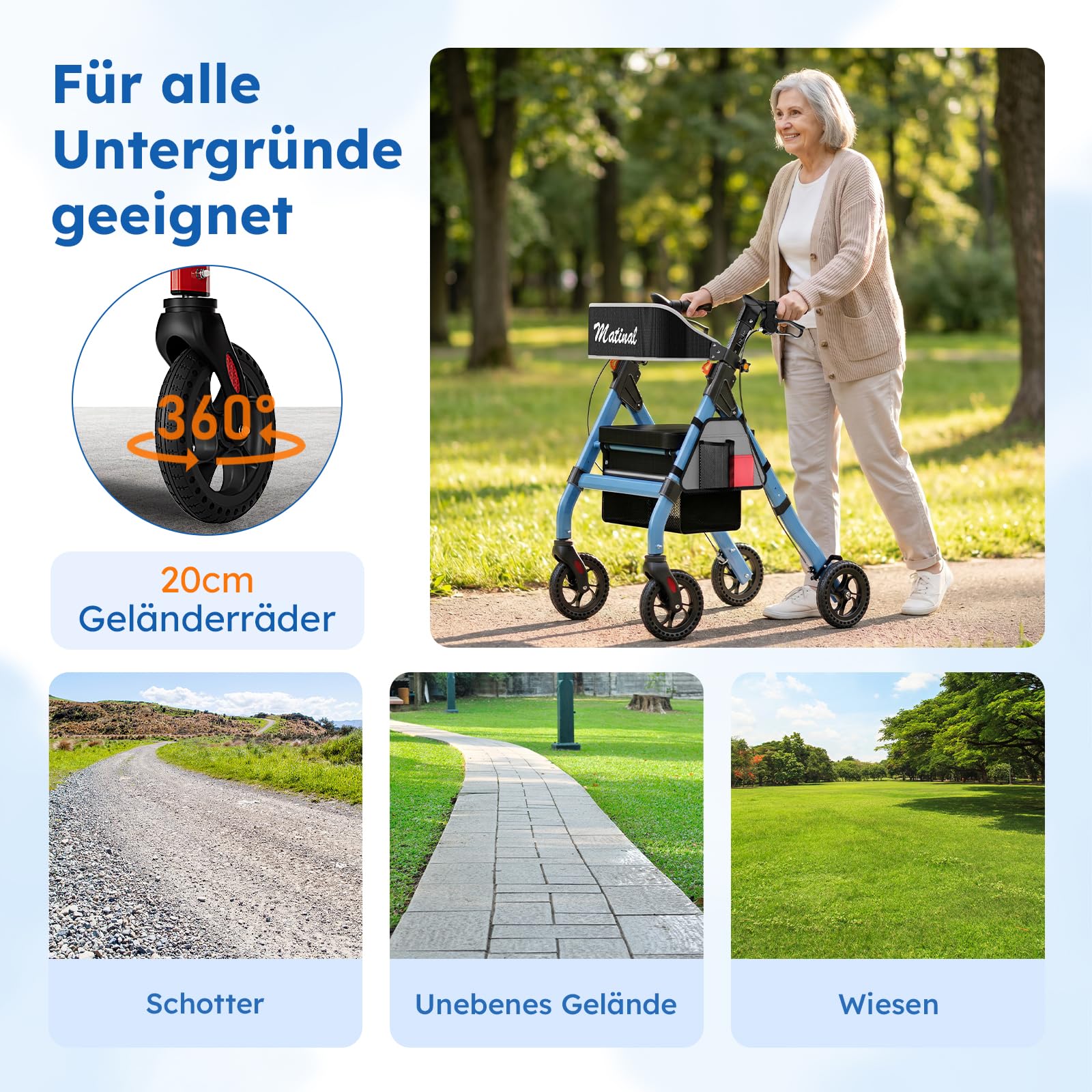 Andador de exterior con asiento para personas mayores, andador plegable con neumáticos de goma maciza para cualquier terreno, ruedas grandes de 8 pulgadas, andadores de aluminio ajustables en