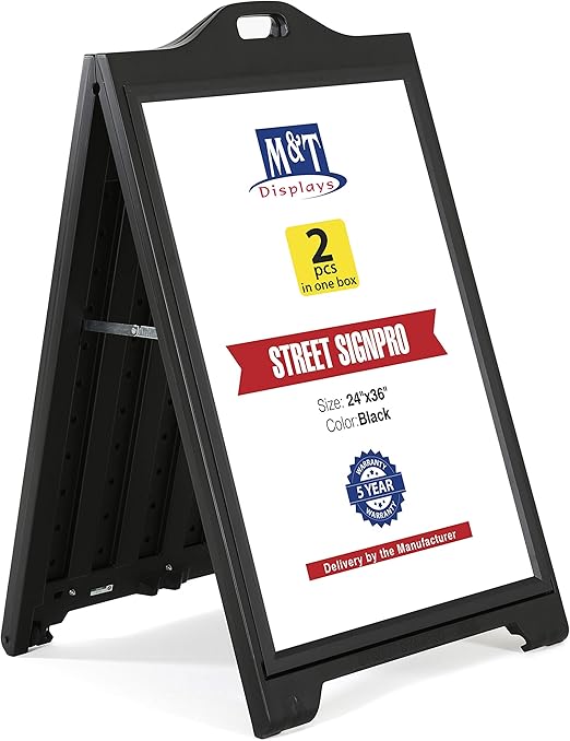 M&T Displays Street SignPro with Lens Protective Cover, 24x36 Inch Poster Black Double Sided Sandwich Board Folding A-Frame Sidewalk Curb Sign Portable Menu Display for Restaurant Cafe (2 pack)