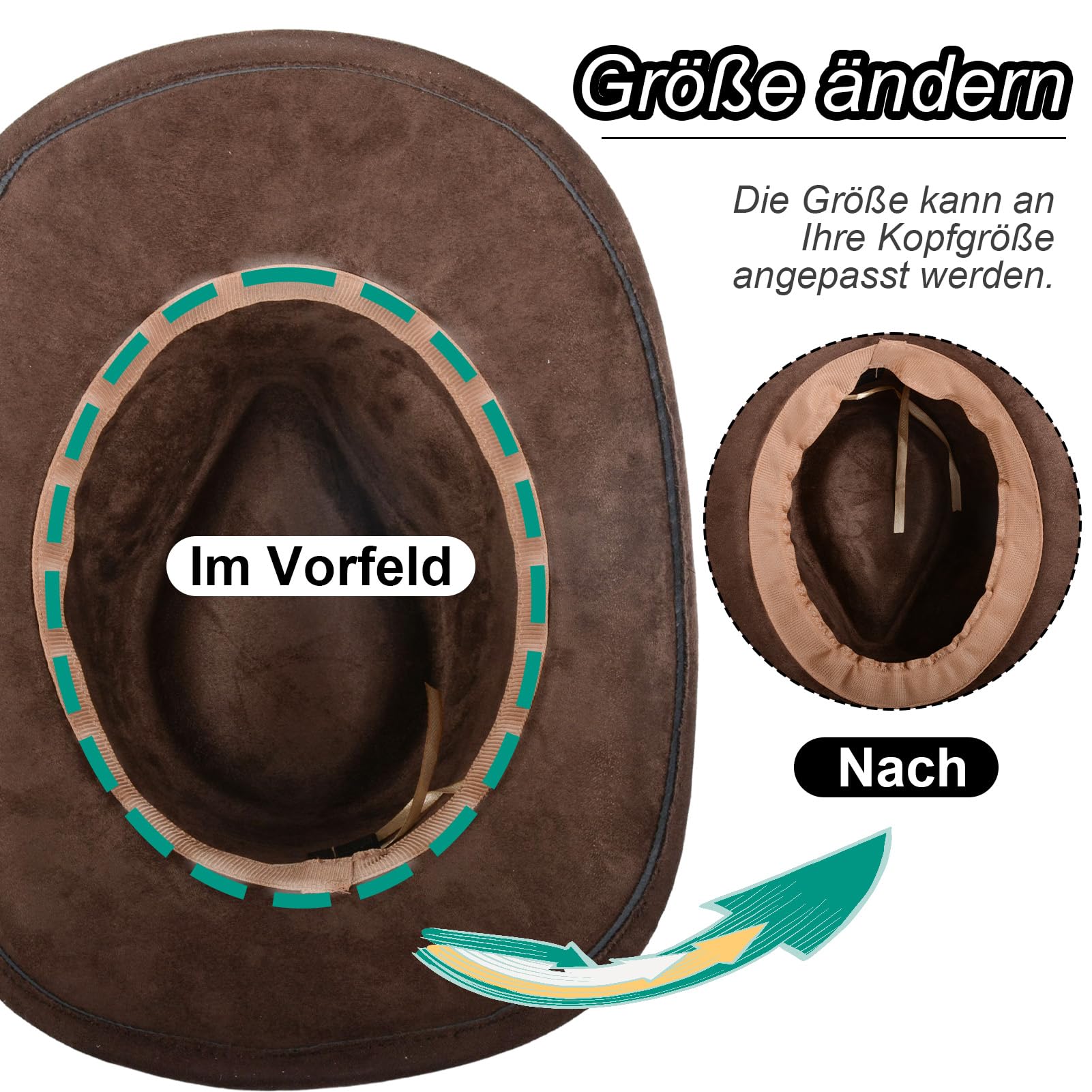 Cappello da cowboy per uomo e donna, traspirante, con fascia interna regolabile (56-58 cm), stile occidentale con tesa di 7 cm, per esterni, marrone, M