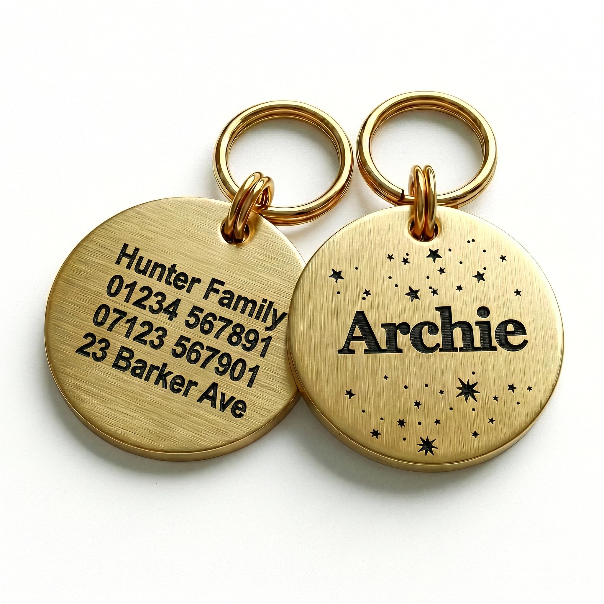 Personalised Brass Dog Tag - Custom Pet Name Tag with Star Design, Deep Engraved Pet ID for Dogs & Cats, Solid Brass, UK Made (Medium - 25mm)