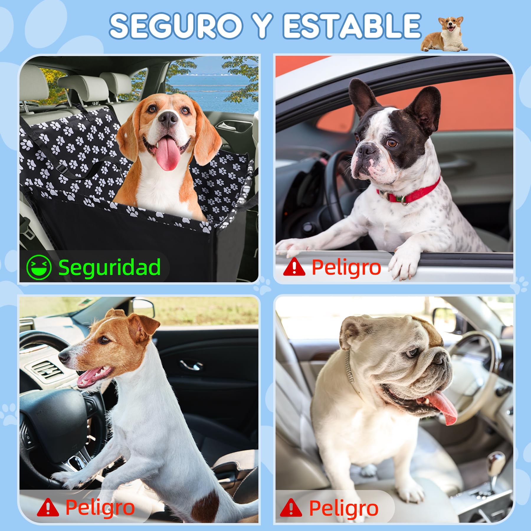 Asiento Coche Perro 68x57x33 cm Impermeable – Transportin Perro Cochee con Cinturón, Cama Perroo Coche, Asiento Perro Cochee Homologado, Funda Auto Mascotas