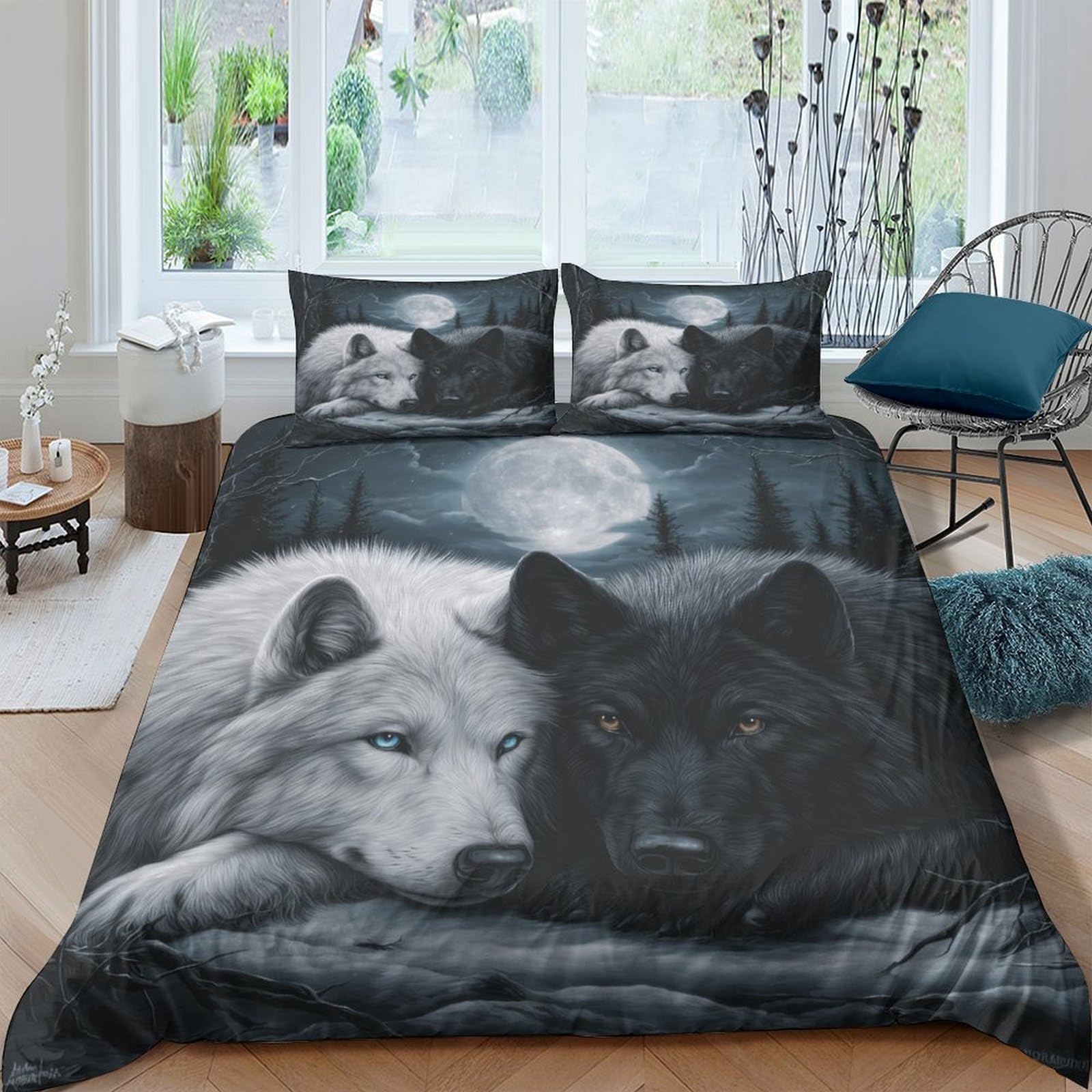 Ctjqhvkz Style-5 3D Printed Wolf Moon Fitted Sheet Microfiber Black White Wolves Bed Sheet Bedroom Decor Mattress Cover Single（135X200cm）