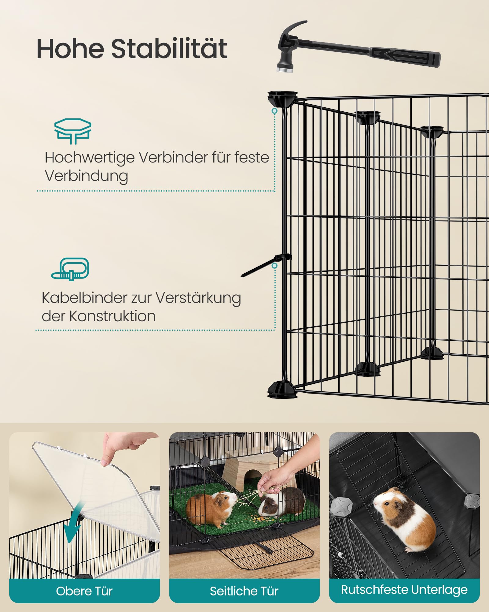 SONGMICS 2-stöckiges Kleintiergehege, Gehege, Freilaufgehege, wasserresistente Unterlage, Doppeltür, für Kaninchen, Meerschweinchen, mit 35 Platten, 93 x 63 x 61,5 cm, tintenschwarz LPI016BH01
