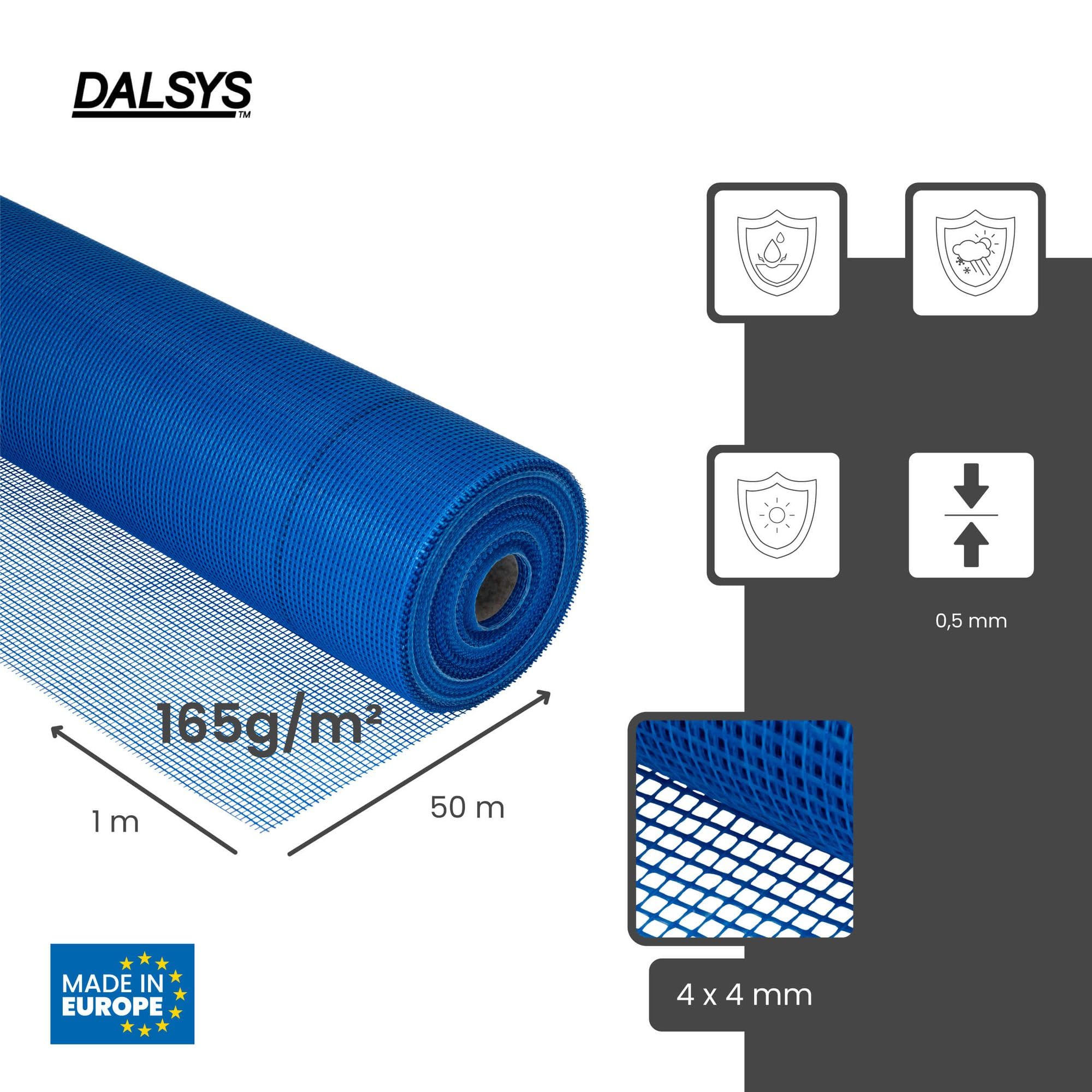Tessuto di rinforzo 165 g/m², 4x4mm 50m² (50m x 1m) ETICS e sistema VWS tessuto in fibra di vetro per l'isolamento della facciata, Made in EU