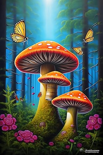 EruHY Hadas hongos y mariposas en el bosque kits de pintura de diamantes  Pintura de diamante de hongos, kits de arte de diamantes redondos