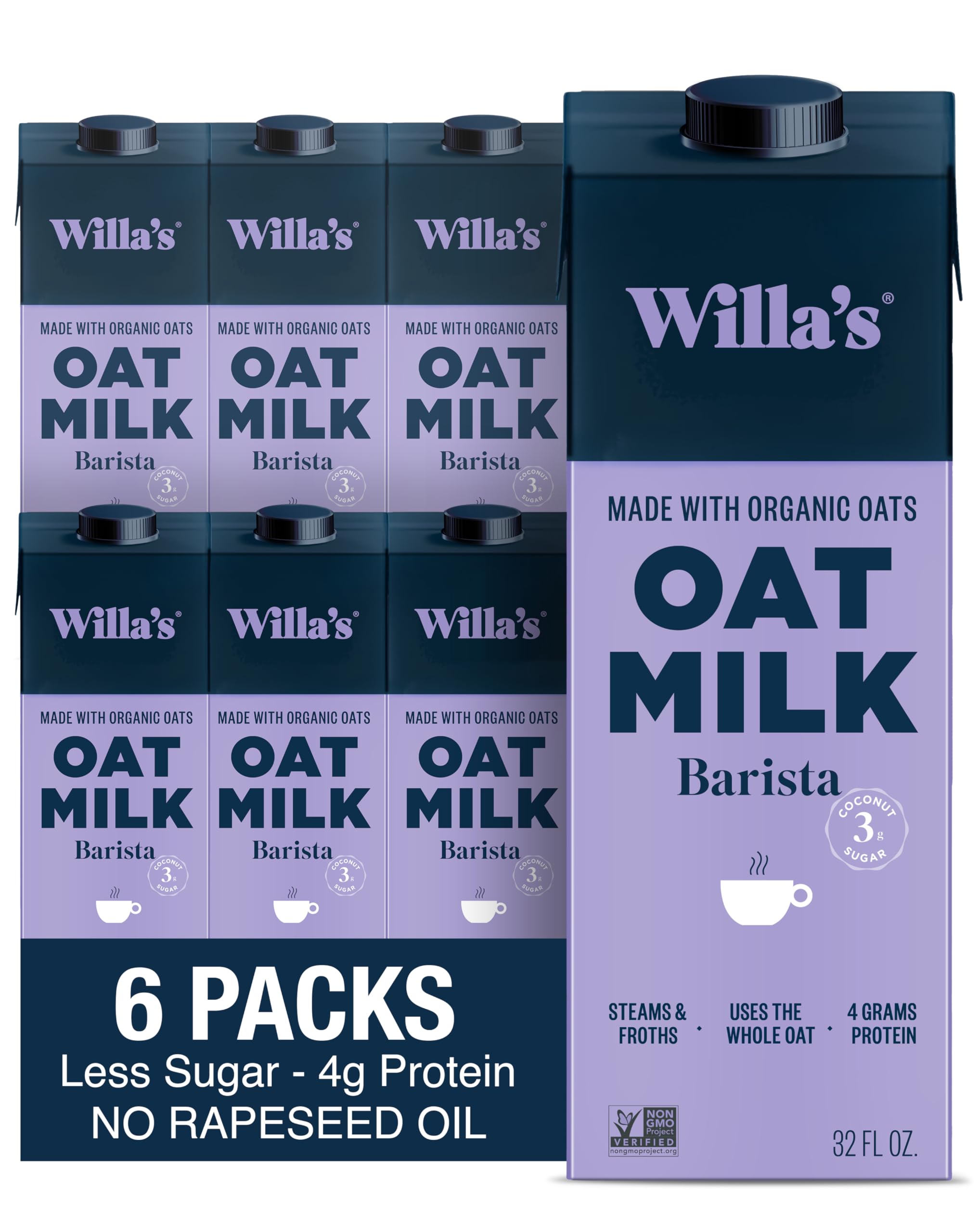 Willa's Organic Barista Oat Milk - Barista Blend Unsweetened Oatmilk and Creamer, Non-GMO, Shelf Stable, Low Sugar, Non-Dairy Milk, Made from Whole Grain Oats, For Foams and Froth, 32oz, Pack of 6