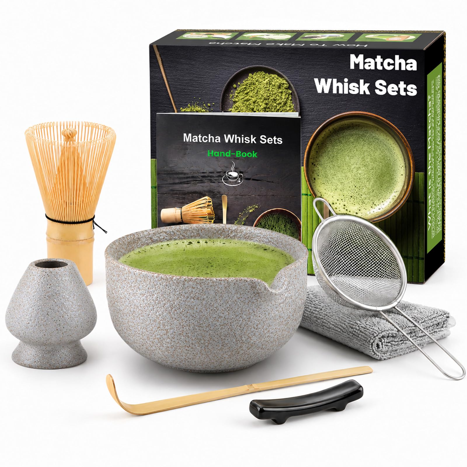 7pcs Matcha Set, Matcha Whisk Set - Matcha Whisk Bamboo, Whisk Holder, Matcha Bowl, Scoop, Sifter, Absorbent Cloth - Japanese Tea Ceremony Set for Home Use or as a Gift, Grey White