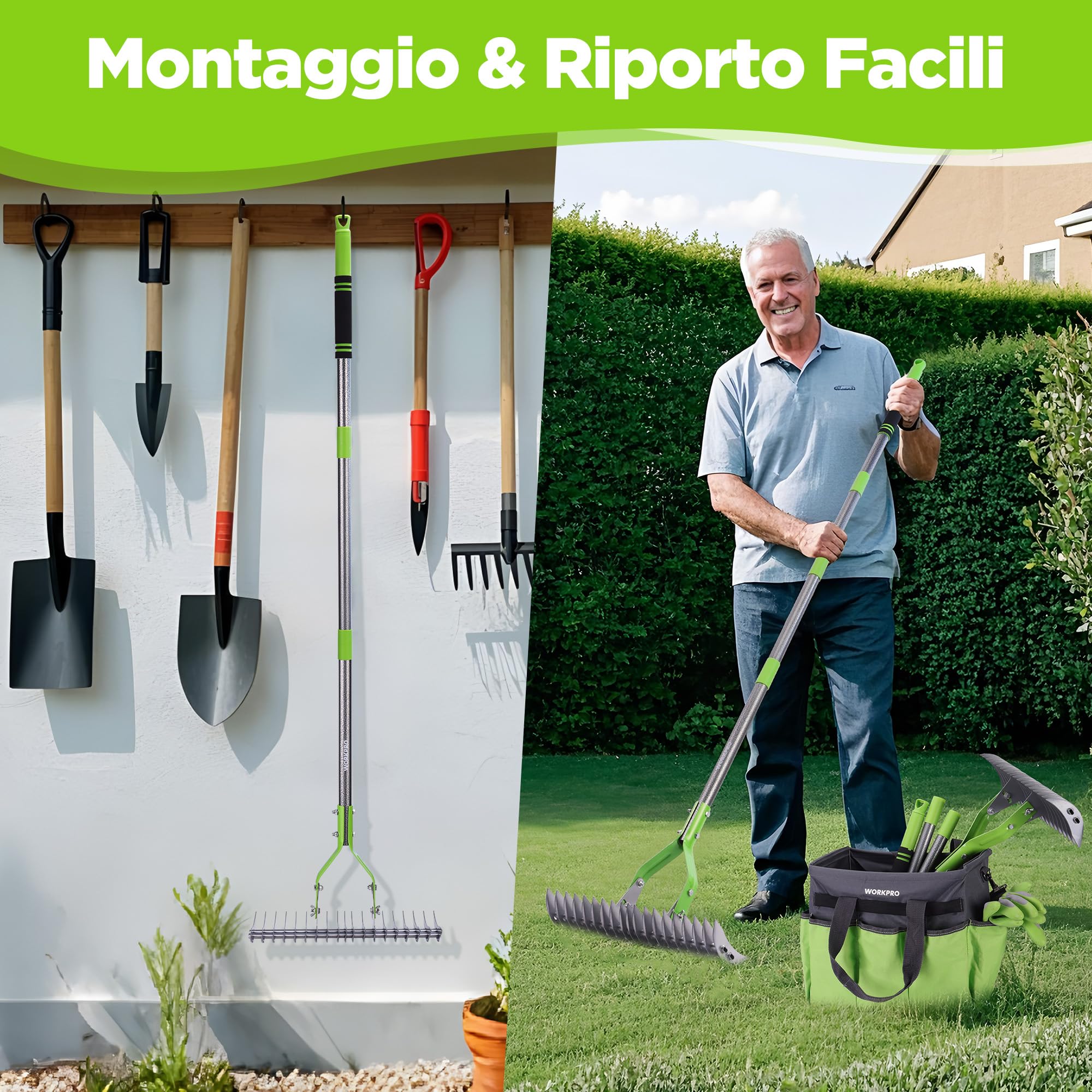 WORKPRO Rastrello per Foglie con Manico, Larghezza di Lavoro 38 cm, Impugnatura Regolabile 102–178 cm, Soffiatore per Foglie Ergonomico con Testina Rastrello Bifacciale per Foglie, Cortile e Prato
