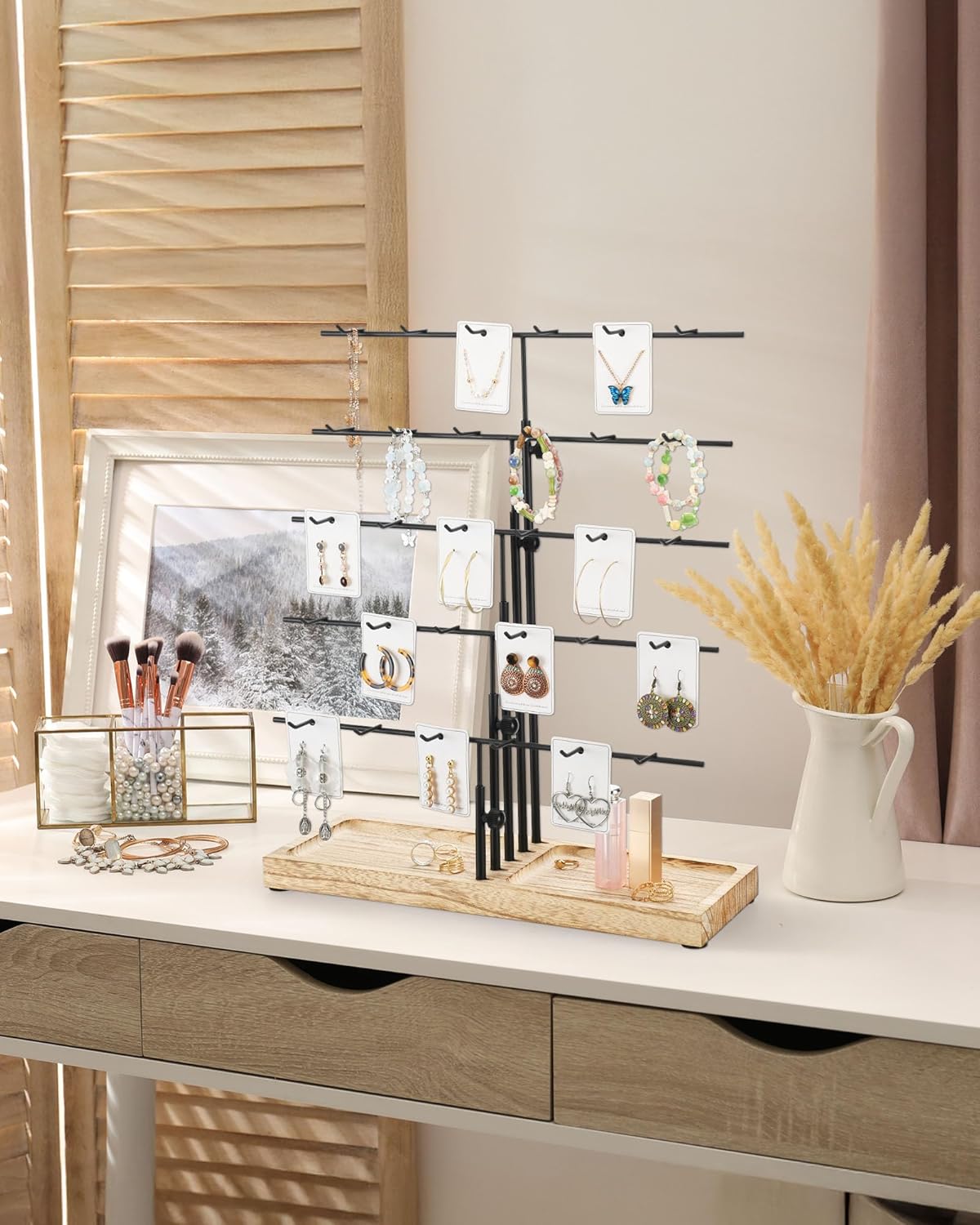 HULISEN Earring Display for Vendors, Adjustable Height Earring Display Stands for Selling, Jewelry Display for Earrings Card, Earrings Rack Display Holder with Tray, 30 Hooks, Carbonized Brown - Image 7