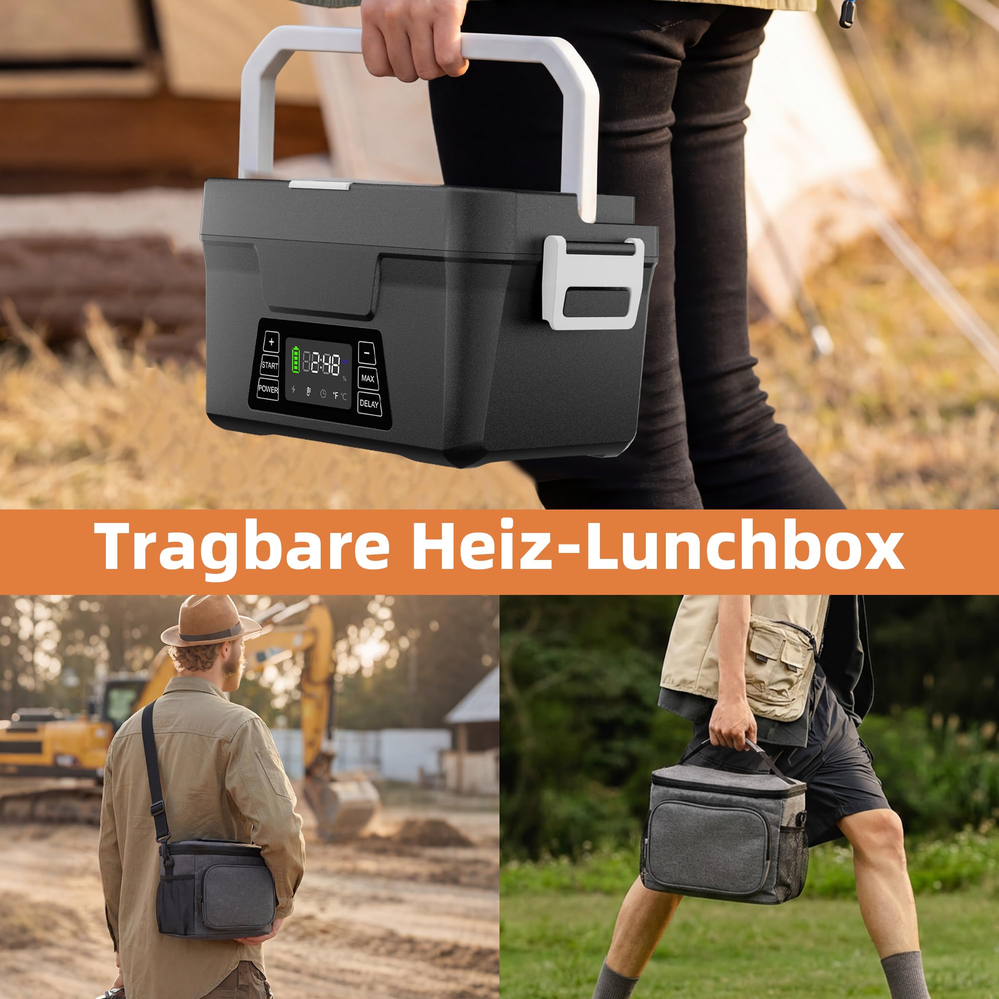 Vabaso Wiederaufladbare Kabellose Elektrische Lunchbox mit App-Steuerung, 10000mAh Batterie, 80W Schnellheizung & Warmhaltefunktion, Selbstaufwärmende Essensbox für Büro, Auto oder Outdoor