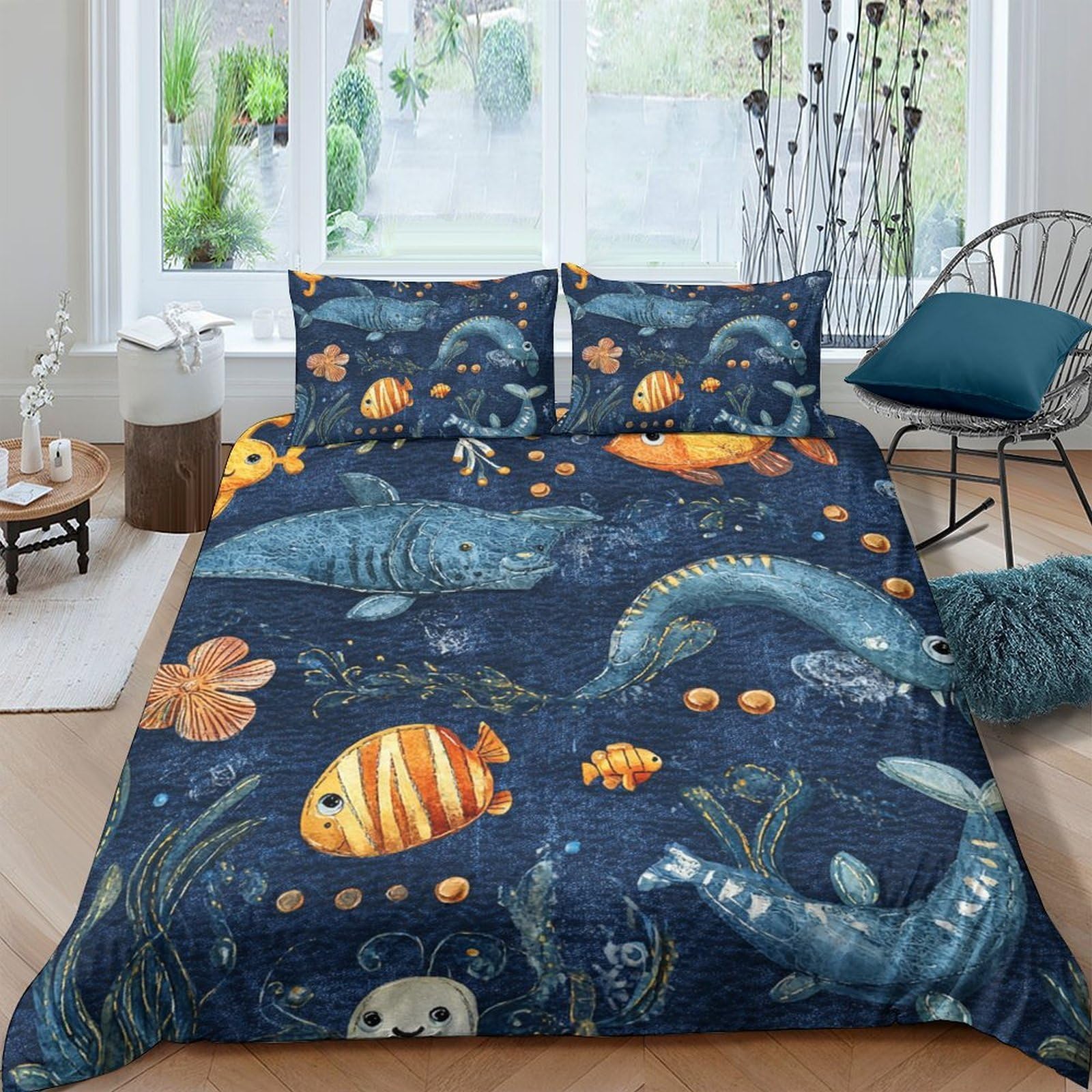 GPLZQXKJNH 3D Printed Ocean Fish Duvet Cover Microfiber Soft Breathable Deep Sea Bedding Set with 2 Pillowcases for Bedroom Decor Single（135x200cm）