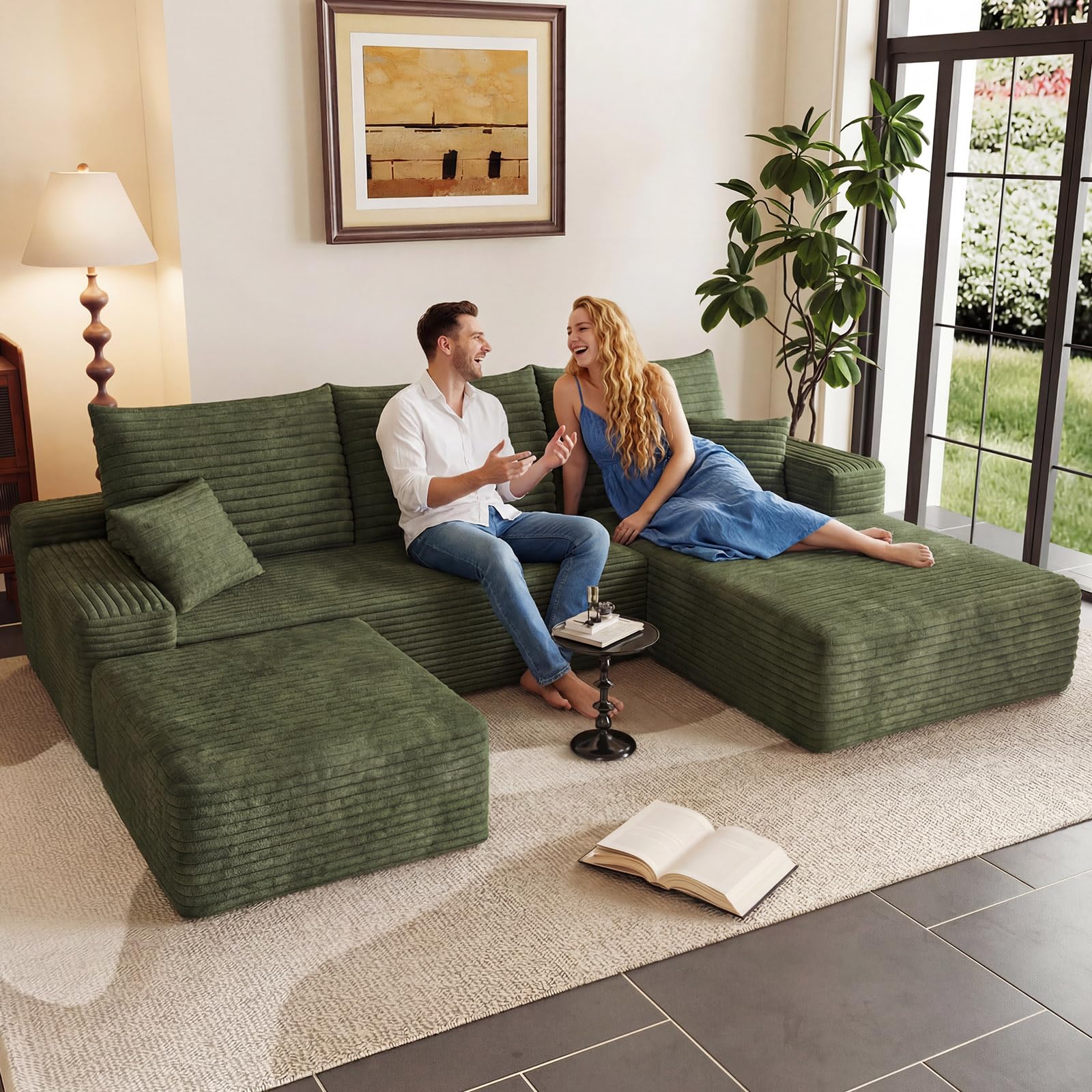 95" U-Shape Cloud Couch, Modern Modular Sectional L-Shape Sofa with Ottoman, Corduroy Upholstered Couches Deep Seat Sleeper Chaise Longue for Living Room, No Assembly Required(Green, Right Facing)