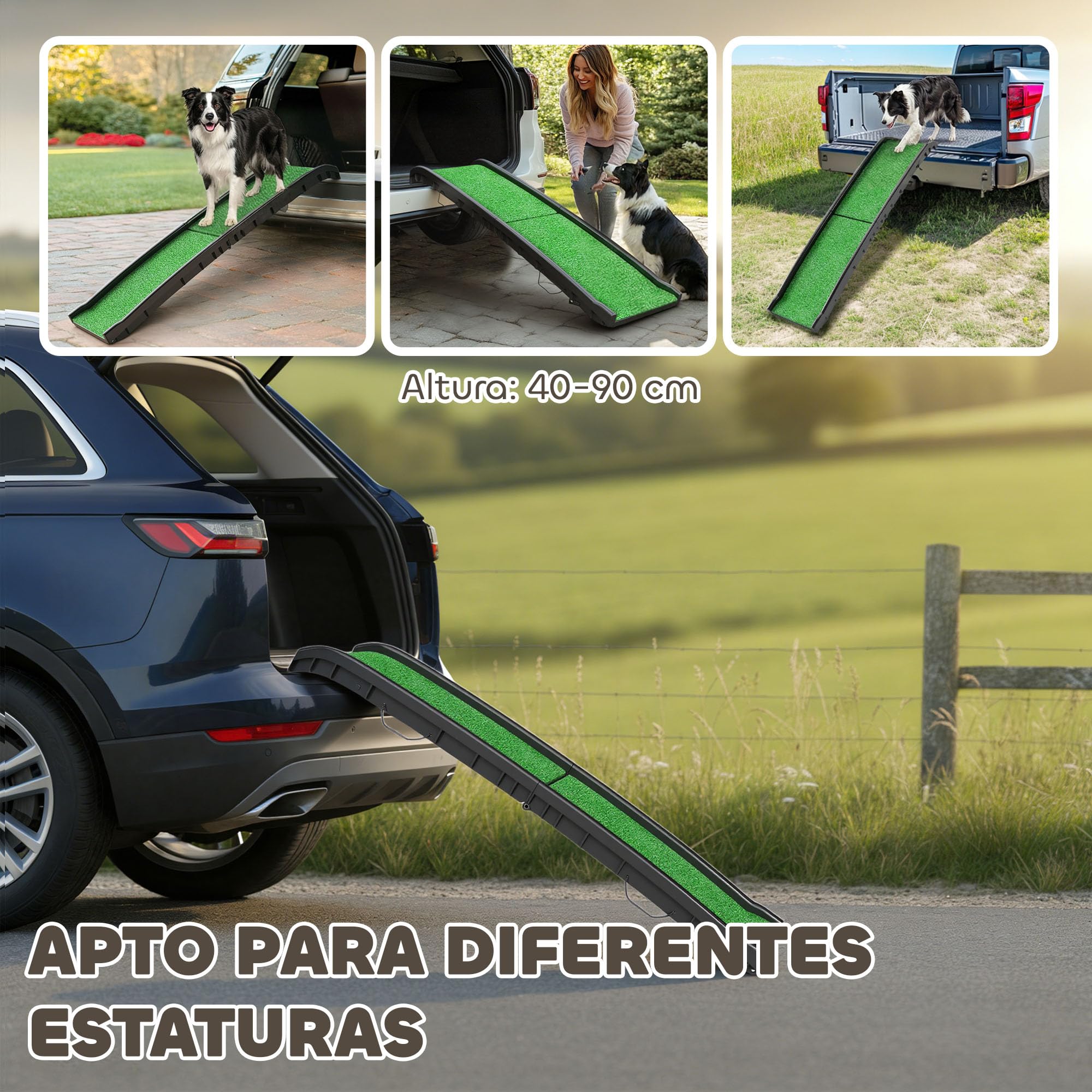PawHut Rampa para Perros con Césped Artificial, 155 cm, Rampa para Perros para Coche Plegable con Asa, Ángulo Ajustable, Antideslizante, para Todas Las Razas, para Cama, Sofá, Verde - 5