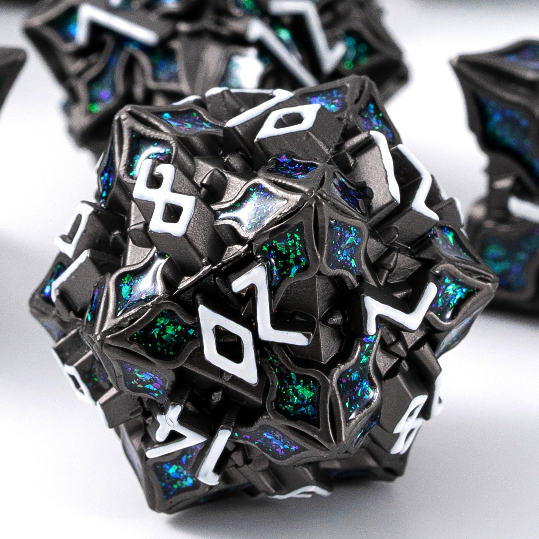Metal Dice for DND - Spire Sanctum Series (Black Matte Green Glitter)