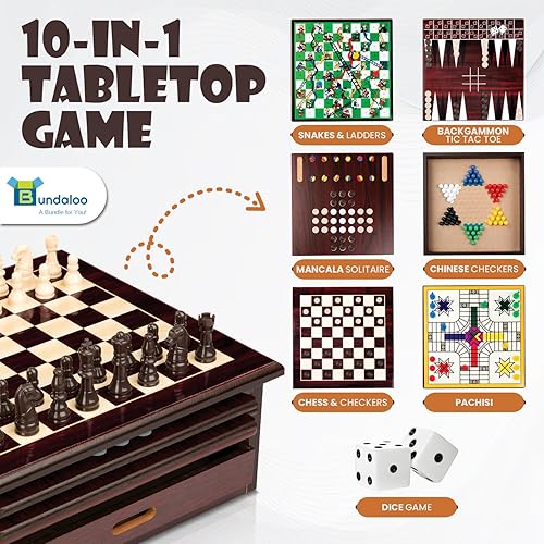 Miniatura 3 de Bundaloo Juego de mesa clásico de madera 10 en 1  ajedrez, damas, backgammon y más  Colección premium multijuegos con almacenamiento integrado (10