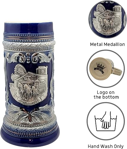 Miniatura 7 de OktoberfestHaus Oktoberfest Stein Bier Krug - Jarra de cerámica negra de carbón con medallón de metal de caballos de tiro alemanes y Wagon