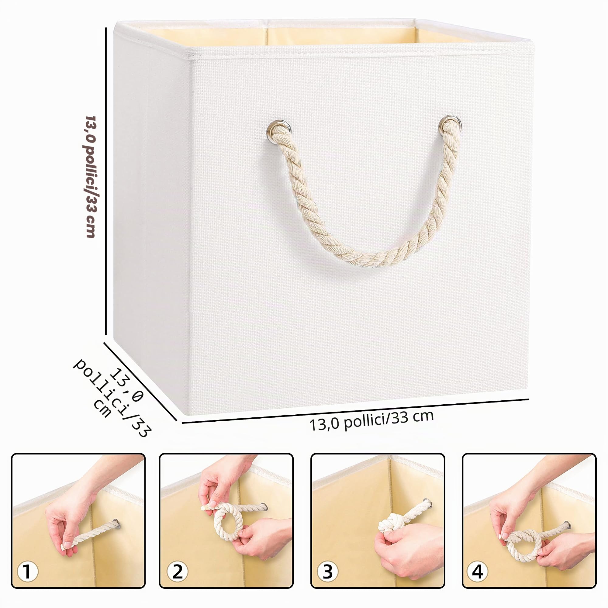 Yawinhe 4 Set Cubi Portaoggetti Scaffale,33x33x33cm Organizzazione,Bianco | Contenitori in Tessuto con Manico;Organizzatori per Armadio;Scatole Portaoggetti Pieghevoli,per Conservare Vestiti