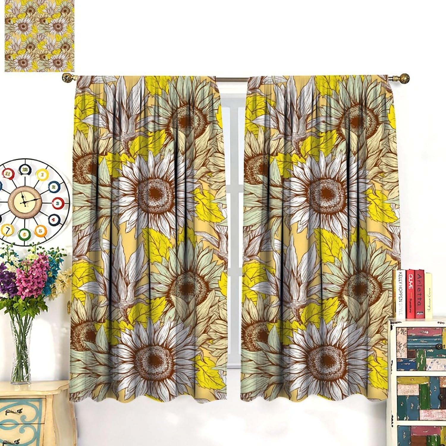 Sunflower Curtain,Boho Country Garden Vintage Yellow Flower Pattern Blackout Rod Pocket Window Curtain,for Kids Teens Adults Living Room Bedroom Kitchen Cafe Farmhouse 42" W X 45" L