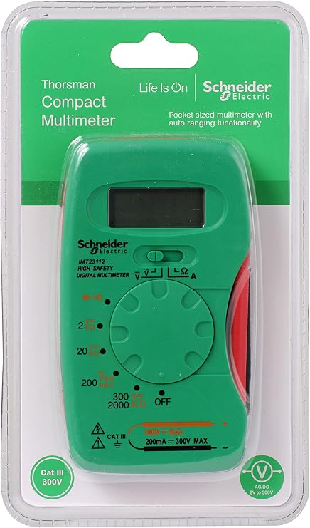 Schneider Electric Thorsman Digital Pocket Multimeter, Voltmeter/Ammeter/OHM AC DC Tester, 300 V, CAT III, IMT23112, Green/Grey