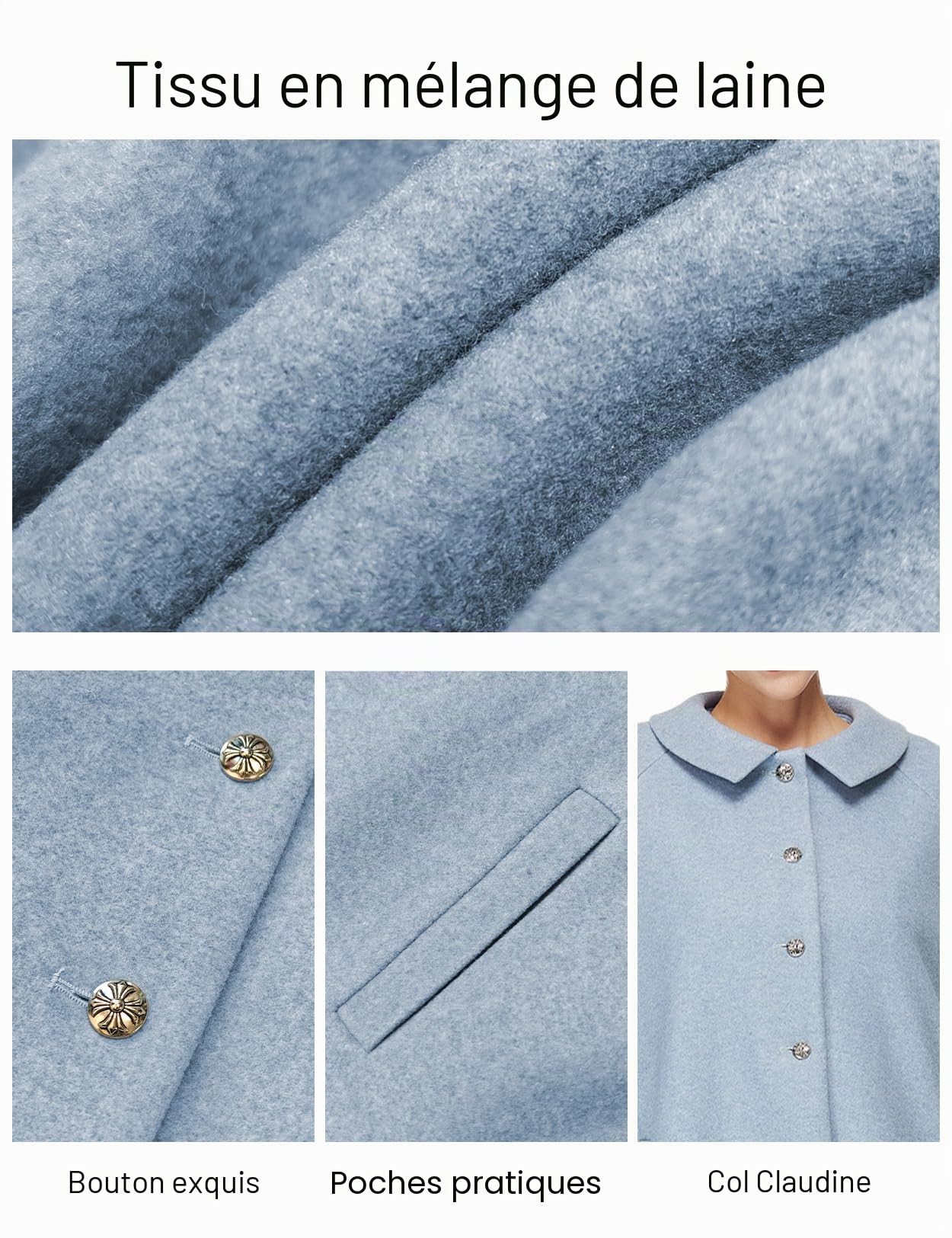 BEAUTELICATE Cape Manteau Longue en Laine Mélange Chic Vintage Ample Chaud pour Femme Soirée Mariage Quotidien de Hiver Automne avec Poches Bouton Bleu Nuage 128cm