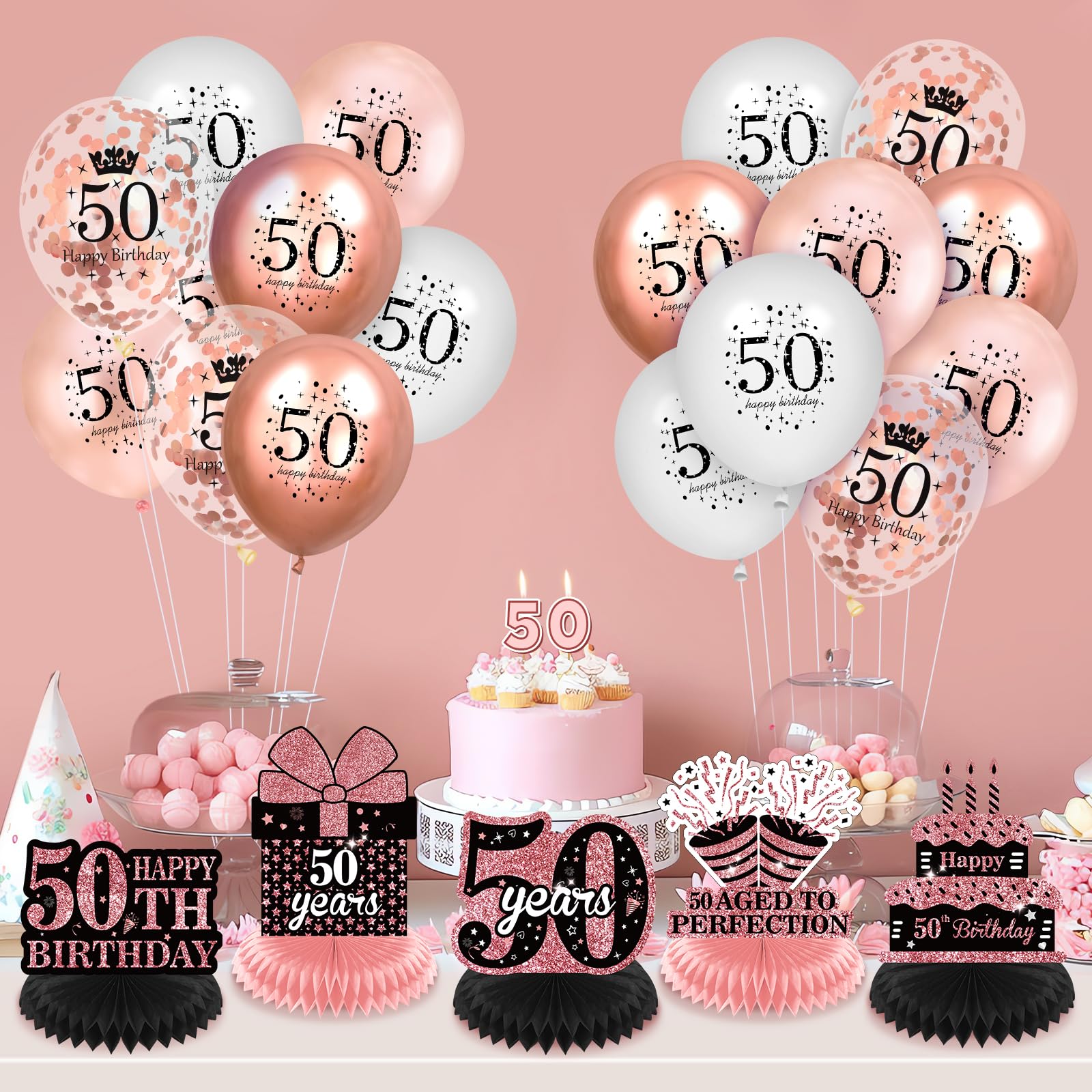 9-teilige Roségoldene Tischaufsätze Zum 50. Geburtstag – Waben-Deko Mit Motiven Wie Kuchen & Ballons