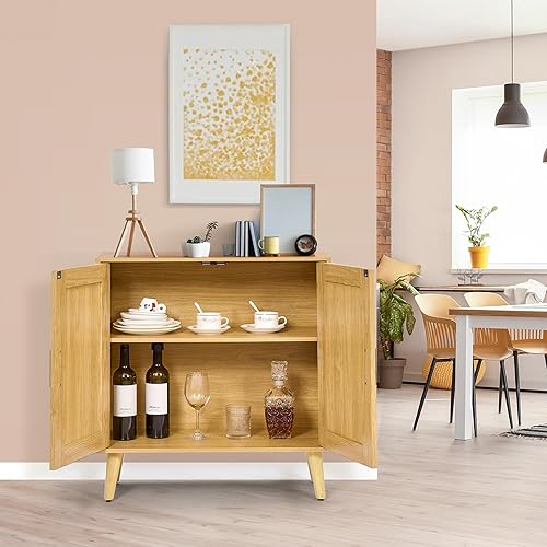 Miniatura 4 de HOMSHO Aparador de ratán con puertas dobles y estantes ajustables, gabinete de almacenamiento de piso bohemio, armario de acento para comedor, sala