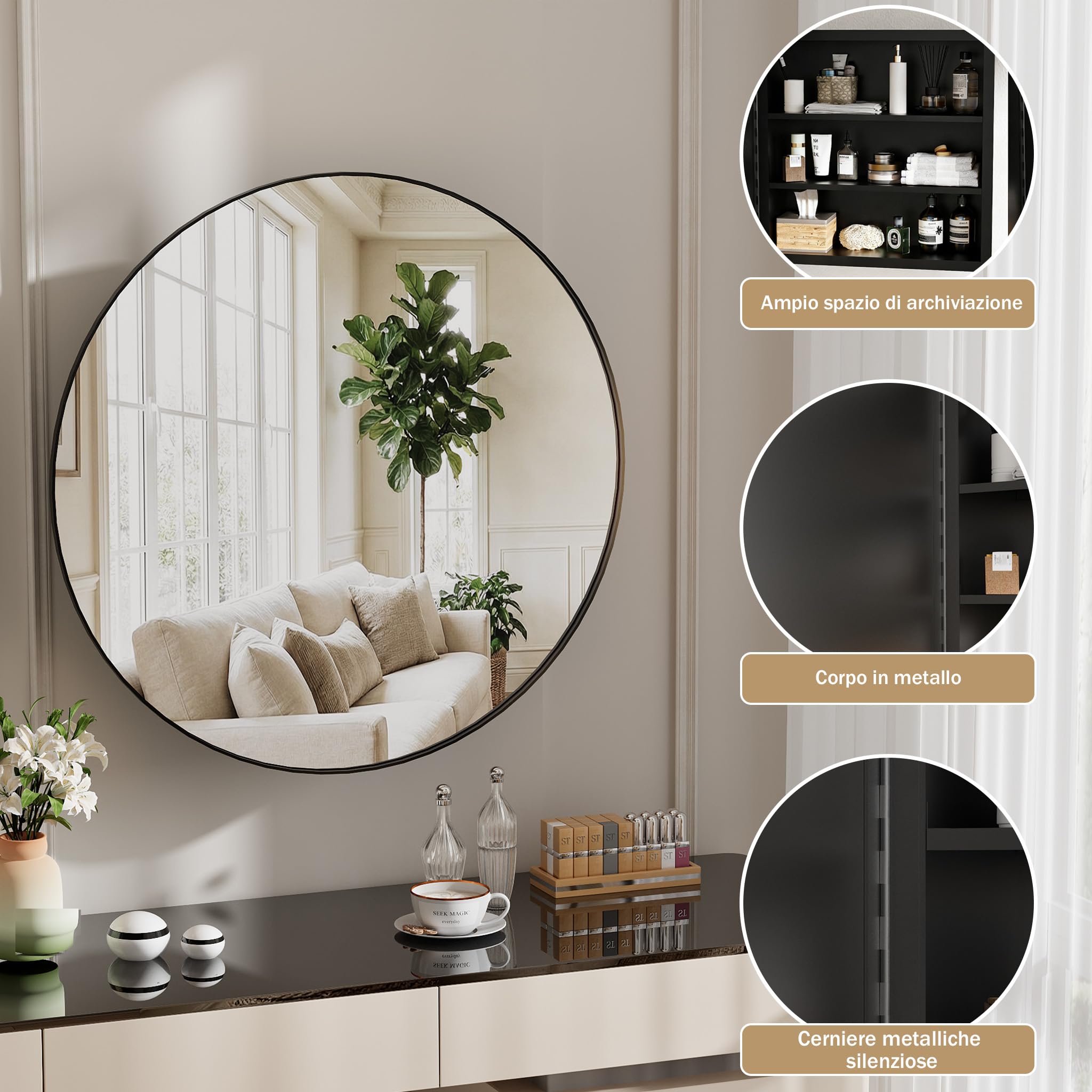 Specchio Bagno Contenitore Rotonda Armadietto Bagno a Parete in Metallo con 2 Mensola Nero (Nessun assemblaggio richiesto) 52 x 52 x 12.5 cm