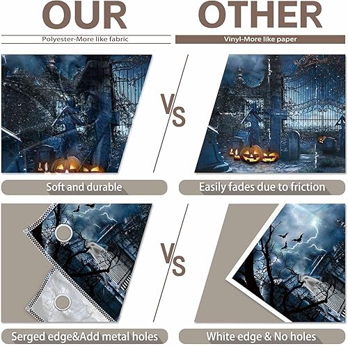 Miniatura 6 de Telón de fondo de fotografía de cementerio embrujado de Halloween de 8 x 6 pies, farol de calabaza, espeluznante noche y luna, fondo de fiesta de