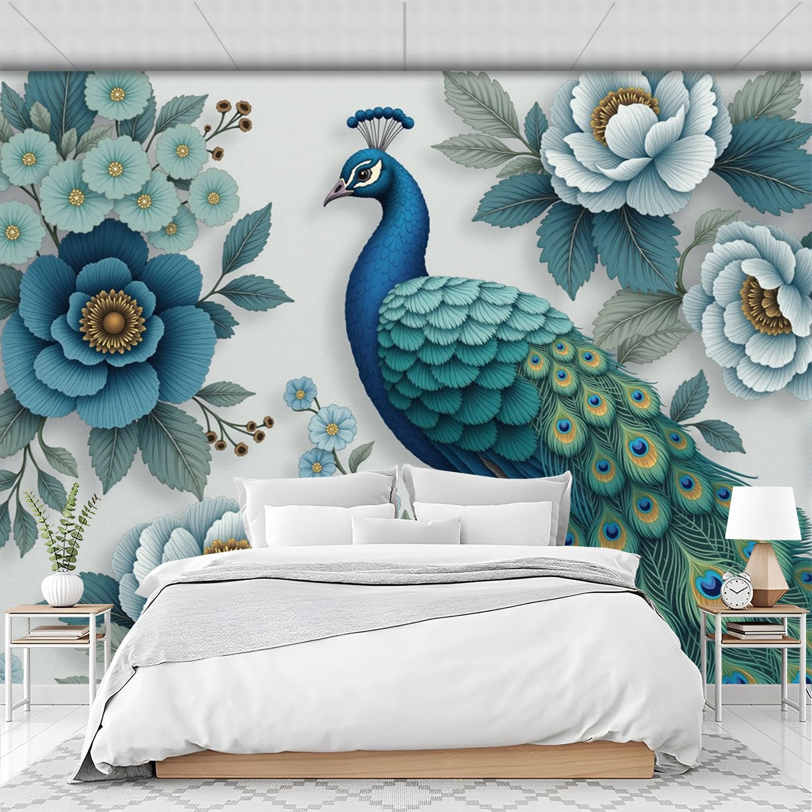 Papier peint mural animal élégant motif paon oriental cyan 400x280cm