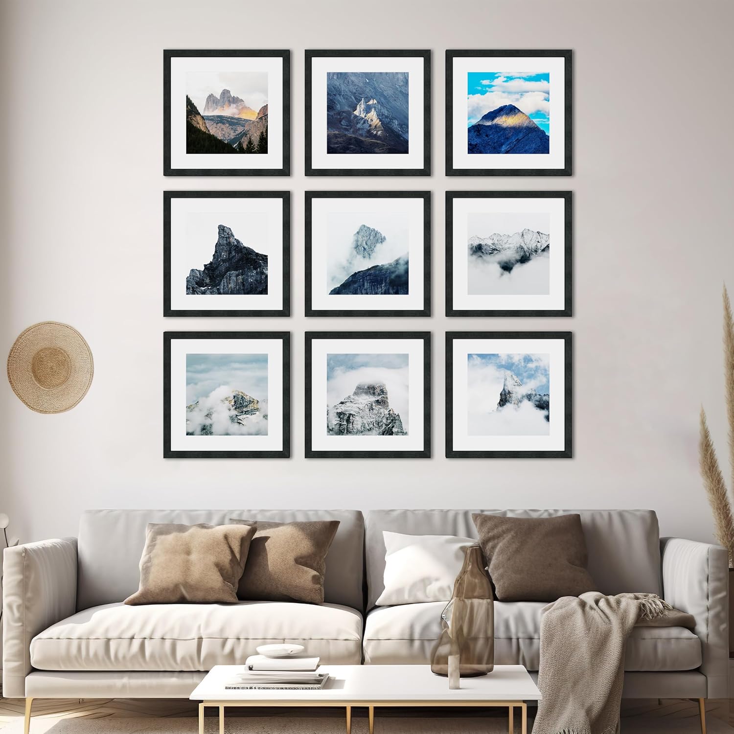 16x16 Square Picture Frame 3 Pack, Black Solid Wood Grain, Displays 12x12 with Mat or 16x16 Without Mat, for Wall Hanging