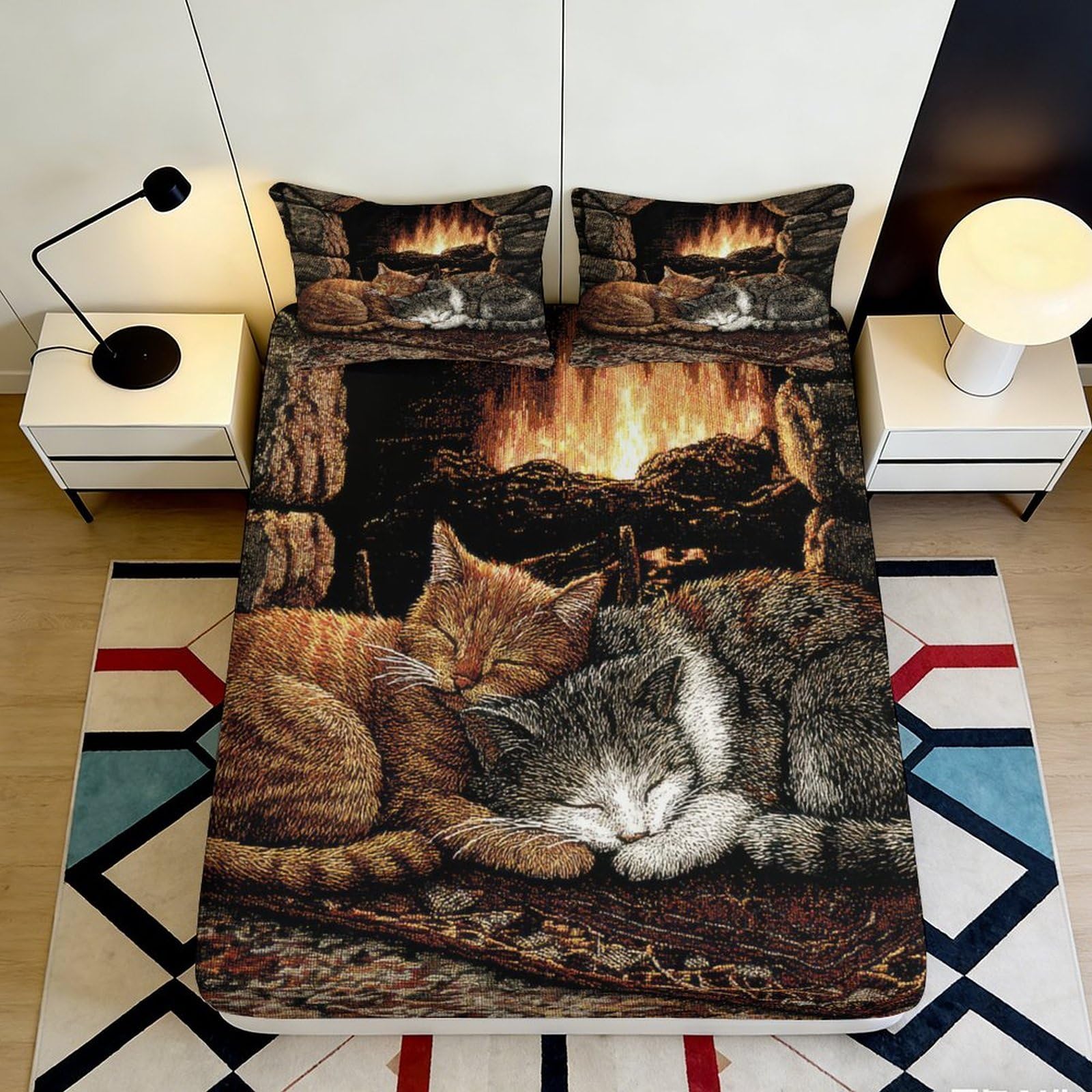 3D Printed Fireplace Sleeping Cats Fitted Sheet Microfiber Anti-Slip Bed Cover for Bedroom Guest Room Dorm Decor 90x200x25cm