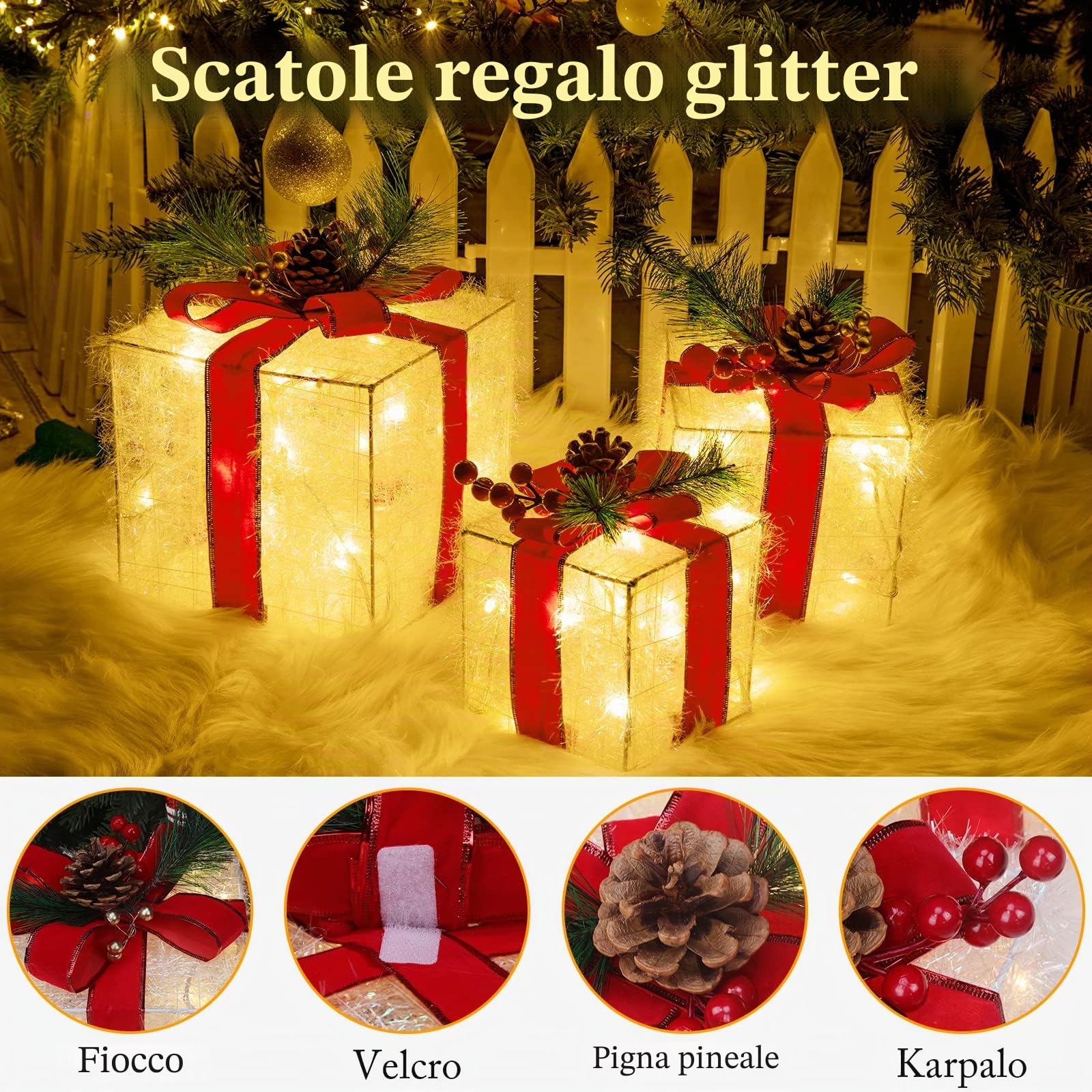 Quntis Scatole Regalo Luci di Illuminate Natale,60LED Pacco Regalo Luminoso | Set di 3 Scatole Luci Decorazione Natalizia, Pacchi Regalo Luminosi per L'Albero di Natale/Home Showcase/Negozio Vetrina