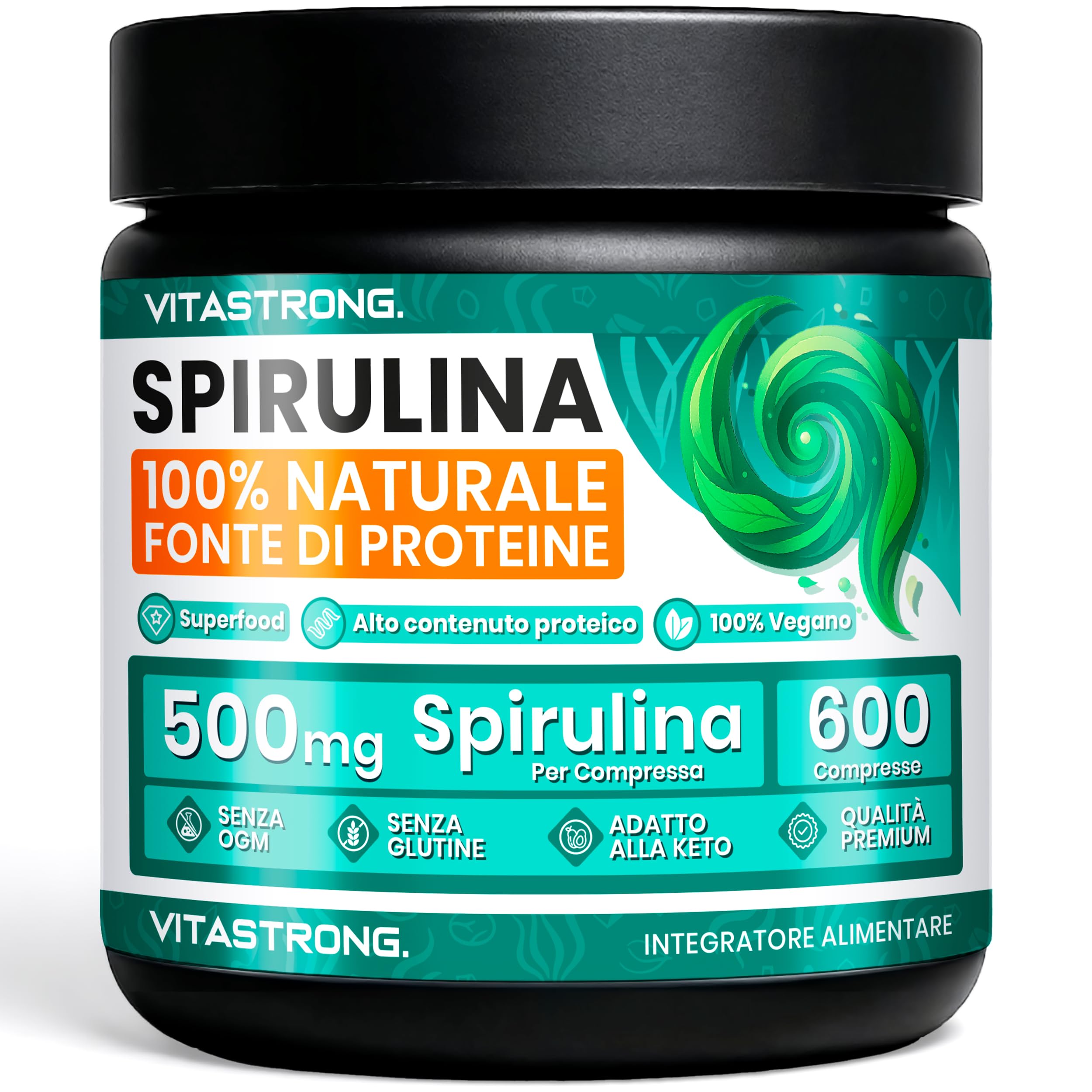 Spirulina Compresse Vitastrong, 3000mg per Dose, 600 Alga Spirulina Compresse 100% Vegan ad Alto Contenuto Proteico, Integratore Alimentare a Lunga Fornitura Senza Glutine né OGM, Qualità Premium