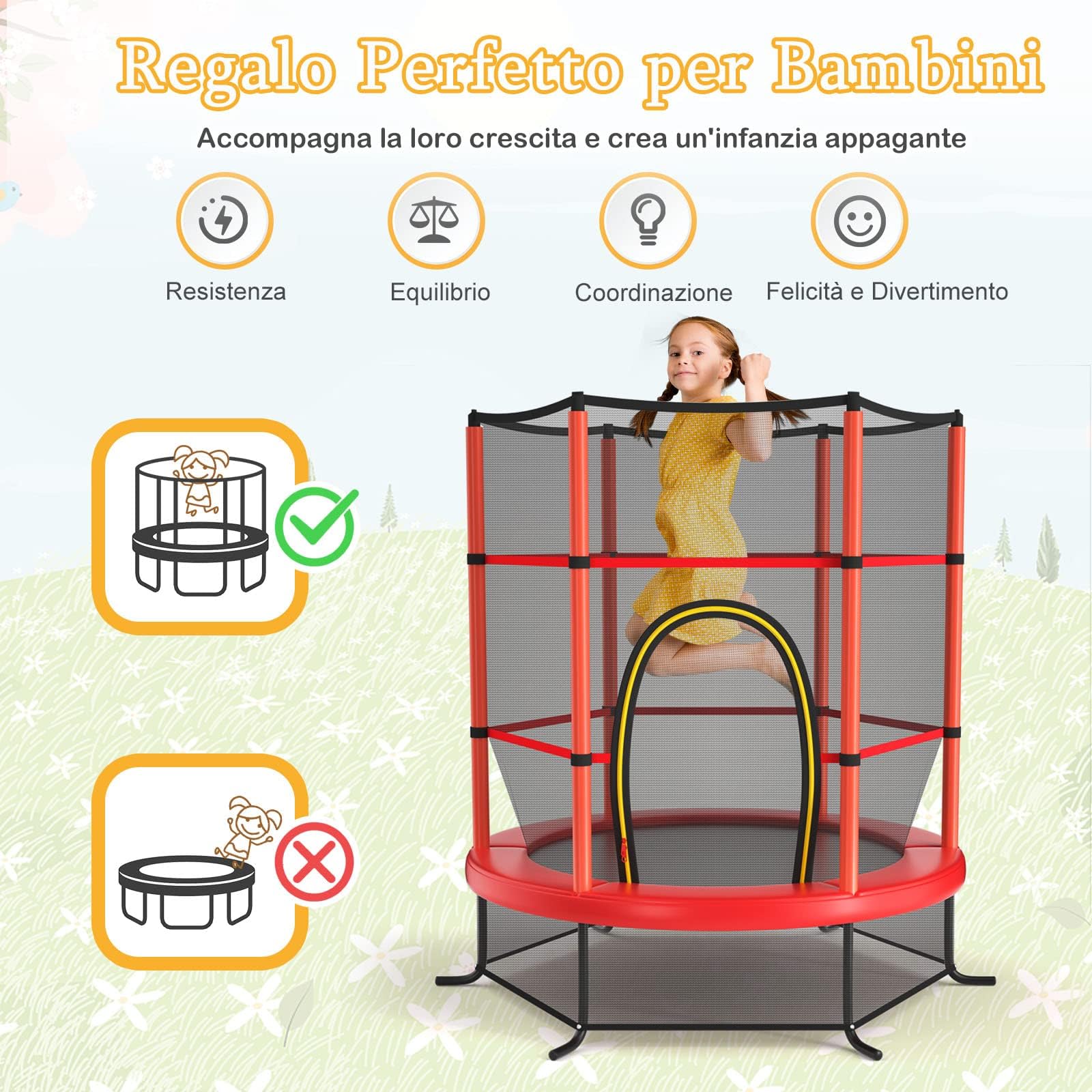 GYMAX Trampolino da Esterno per Bambini, Tappeto Elastico da Giardino, con Rete Protettiva, Telaio in Acciaio, Resistente alle Intemperie, per Interno, Esterno, Portata 135 kg