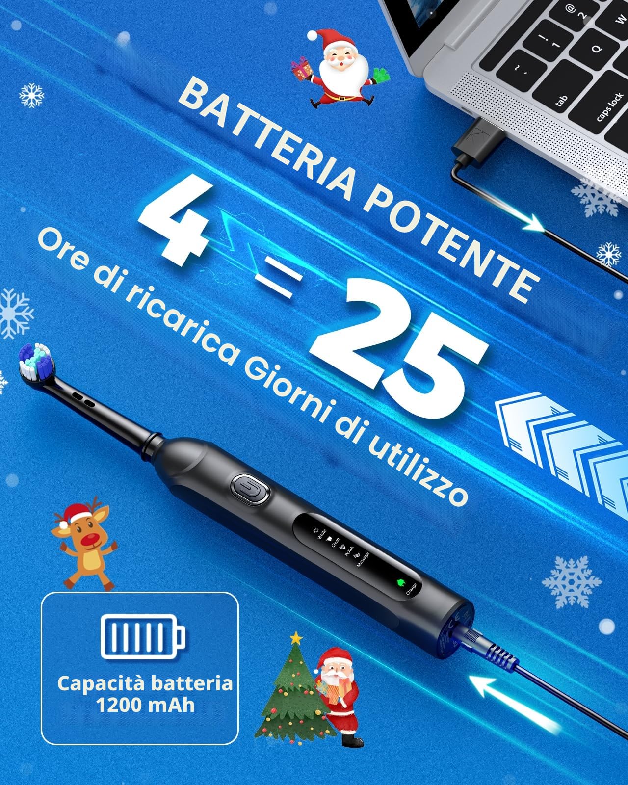 Spazzolino elettrico rotante per adulti con 8 testine (2 tipi) di potenza ricaricabile e 2 minuti di tempo intelligente, 4 modalità (A- ferroso)